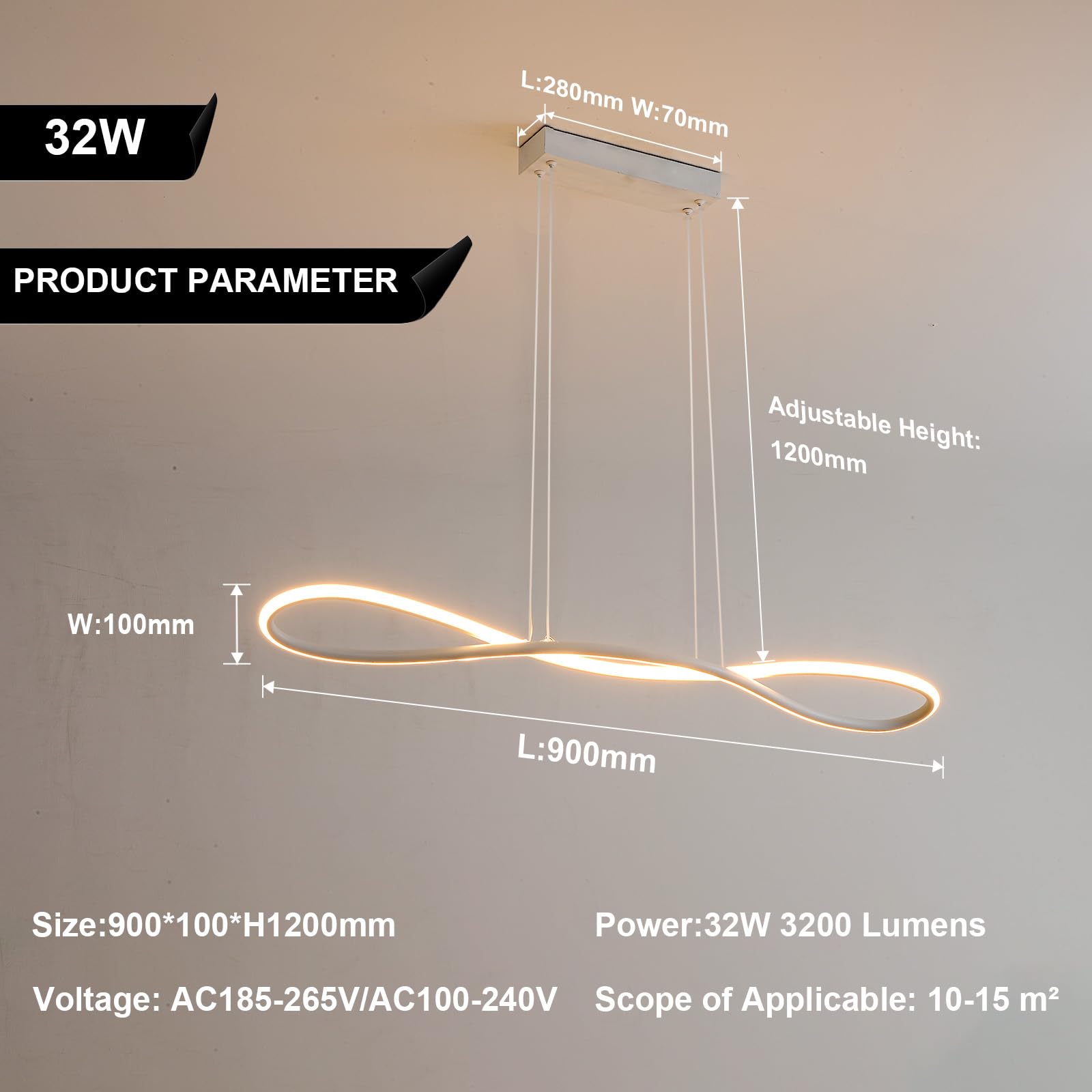 Lampada a Sospensione Moderna a LED, Lampada da Cucina da 90 cm Dimmerabile, Lampada a Sospensione Regolabile in Altezza per Soggiorno, Lampadario Camera da Letto da 32W(Bianco)