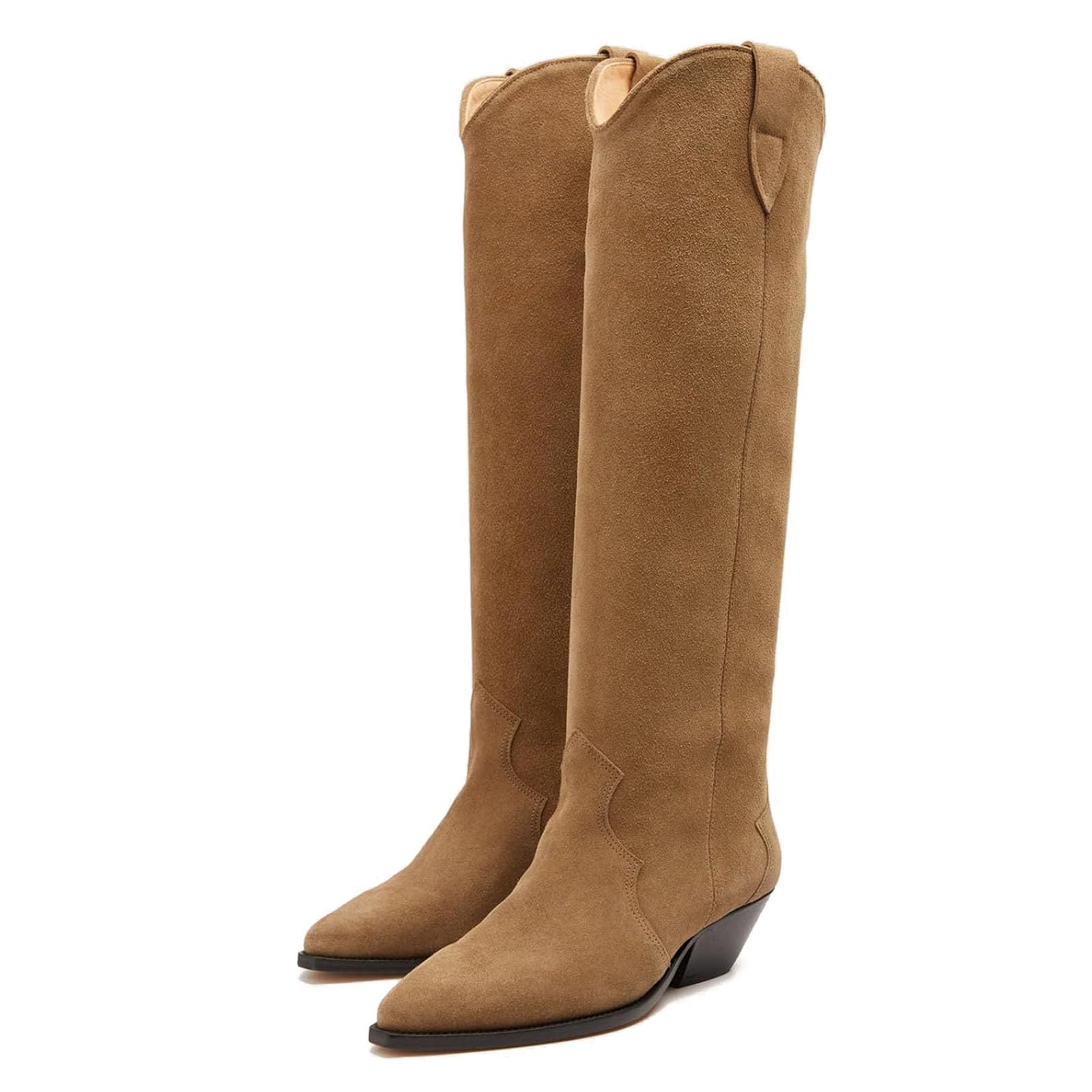 Yishaweiqi Camel Suede Knee High Boots for Women Snip Toe Chunky Heel Cowboy Cowgirl Boots Ladies Fall Wide
