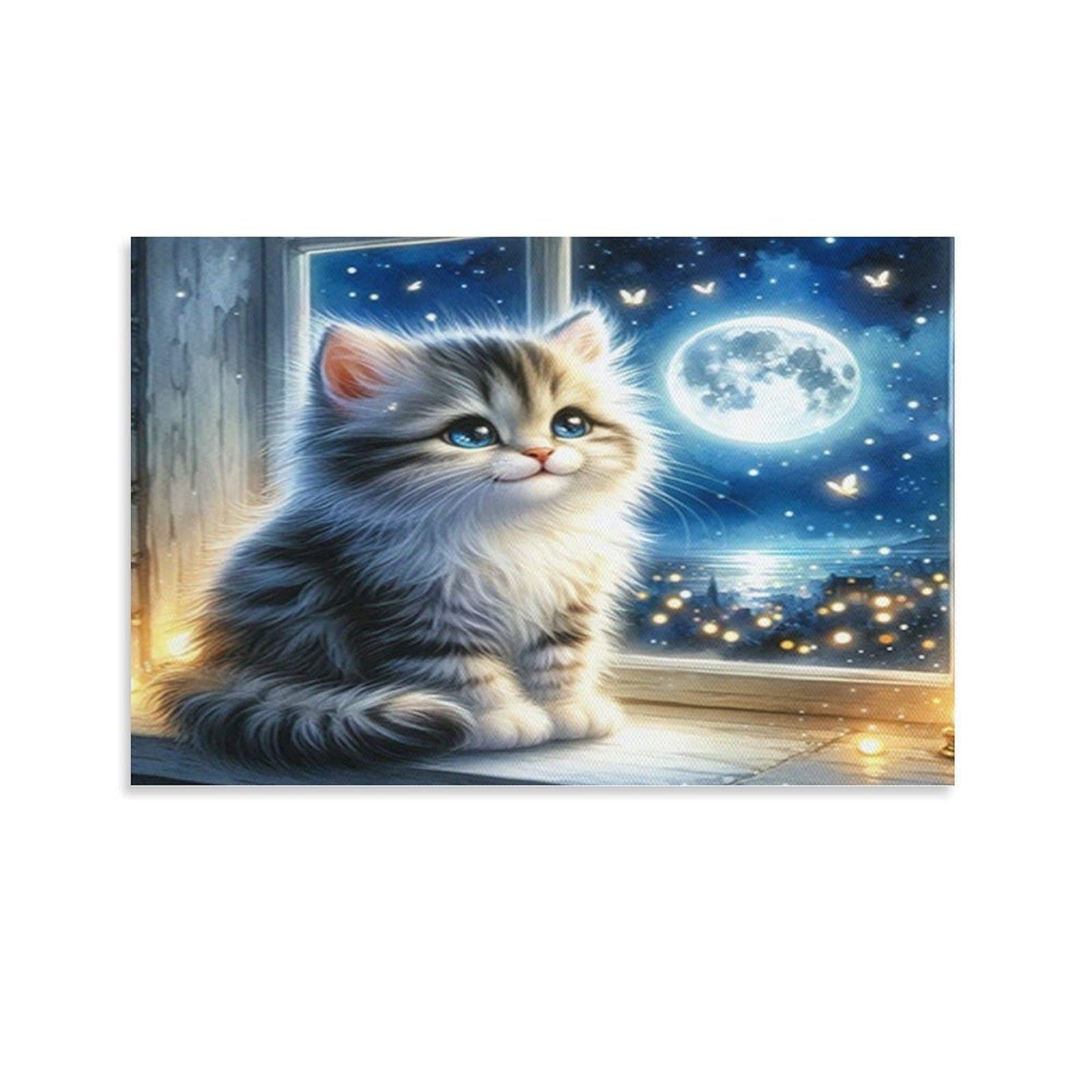 CPLVKWRQJ Cute Kitten by Window 1 Piece Tabby Kitten Moon Window Framed Canvas Print - Living Room Focal Point Fade Resistant Ready to Hang Wall Art 20x30inch(50x75cm)