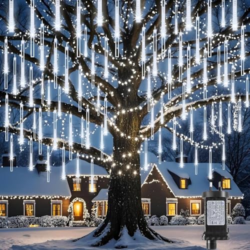 Christmas Lights Outdoor,10 Tubes Meteor Shower Lights,Hanging Christmas Light Waterproof Xmas Tree Light Plug in Falling String Lights Raindrops Icicle Cascading Light Xmas Decorations Garden White