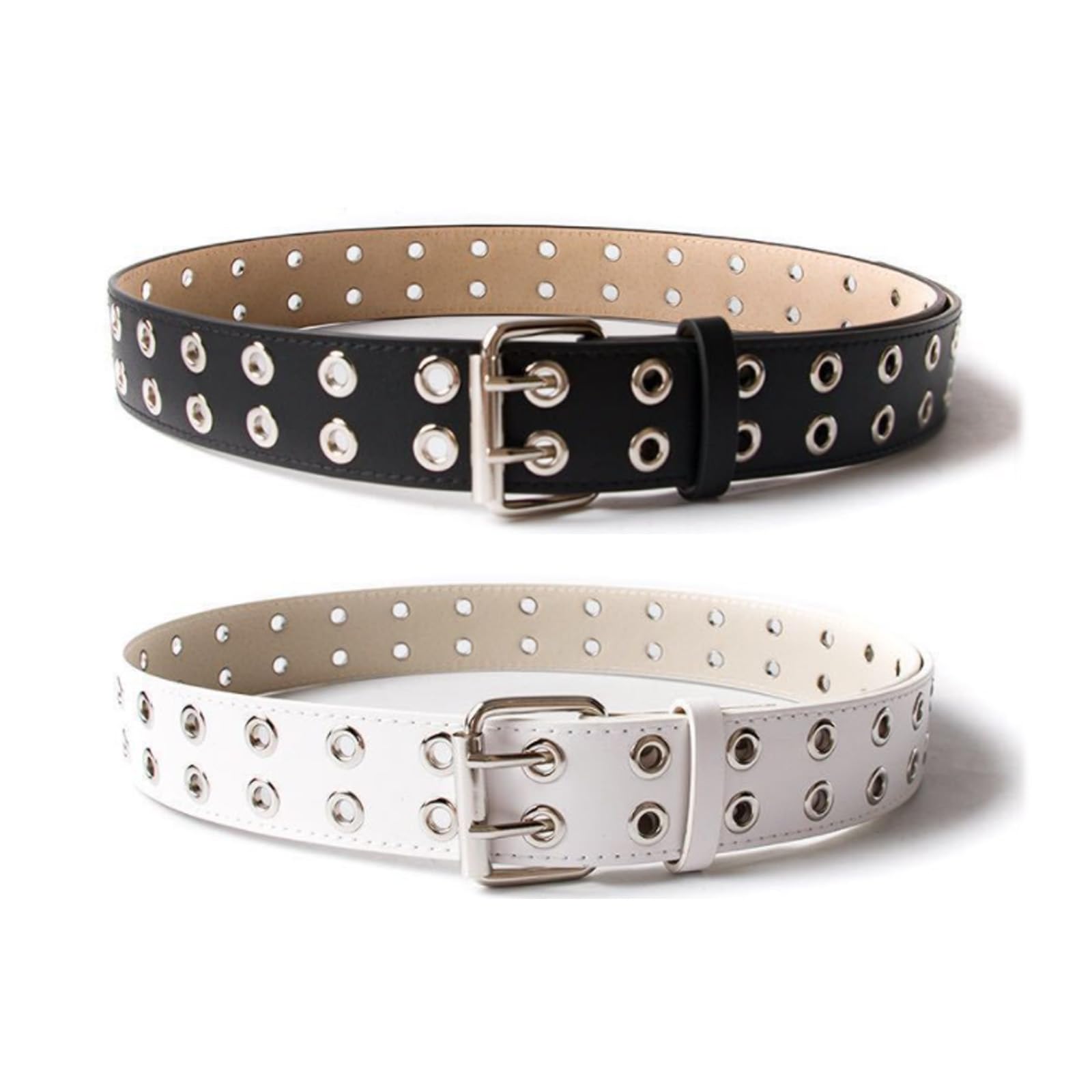 QSZHSL 2 Pcs Double Grommet Belt PU Leather Belt for Women Men, Punk Rock PU Leather Belt, PU Leather Double Hole Eyelet belt Punk Goth Halloween Belt for Jeans Pants