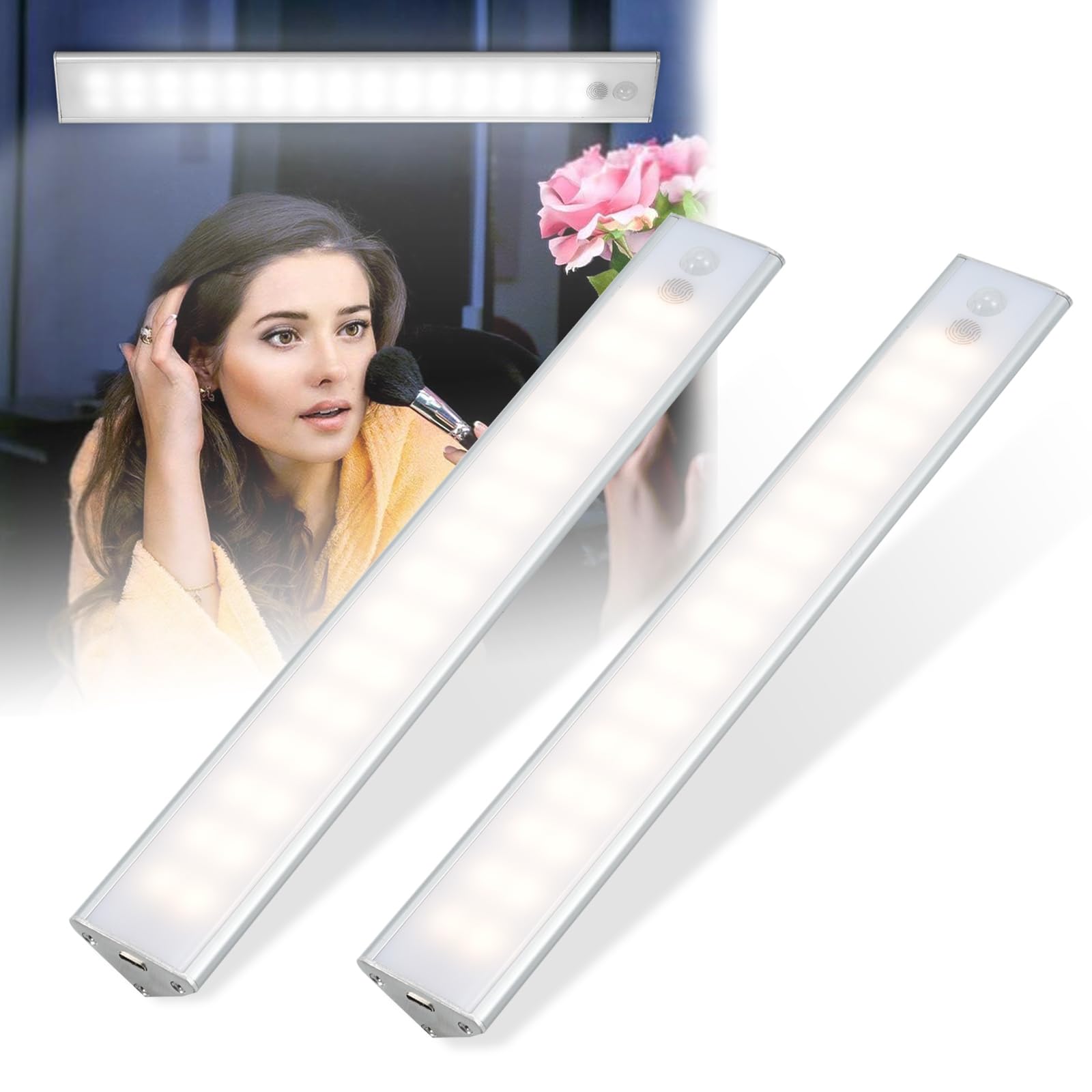 Under Cabinet 60LED Rechargeable Battery Operated Motion Sensor Light Indoor, Magnetic Dimmable Closet With 3 Color Modes, Uniform for Kitchen, Wardrobe, Cabinet, Cupboard - 2 Packs
