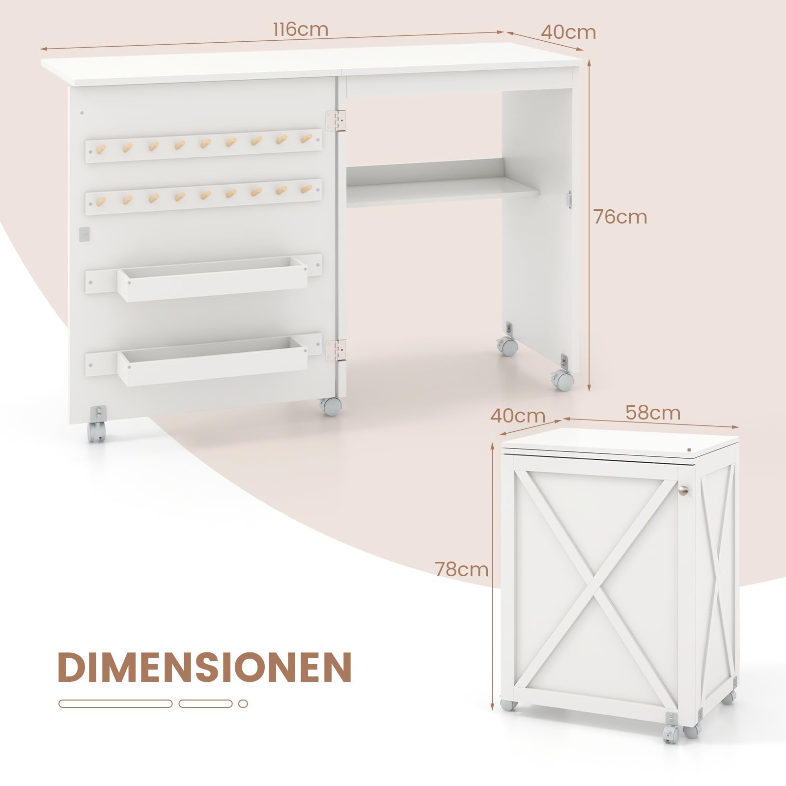 COSTWAY 2 in 1 Nähschrank & Schreibtisch klappbar, Nähtisch Mehrzweck-Bastelstation mit Ablagefläche, 2 Tabletts,18 Klammern, Scheunentür & 5 feststellbaren Rollen für kleine Räume (weiß)