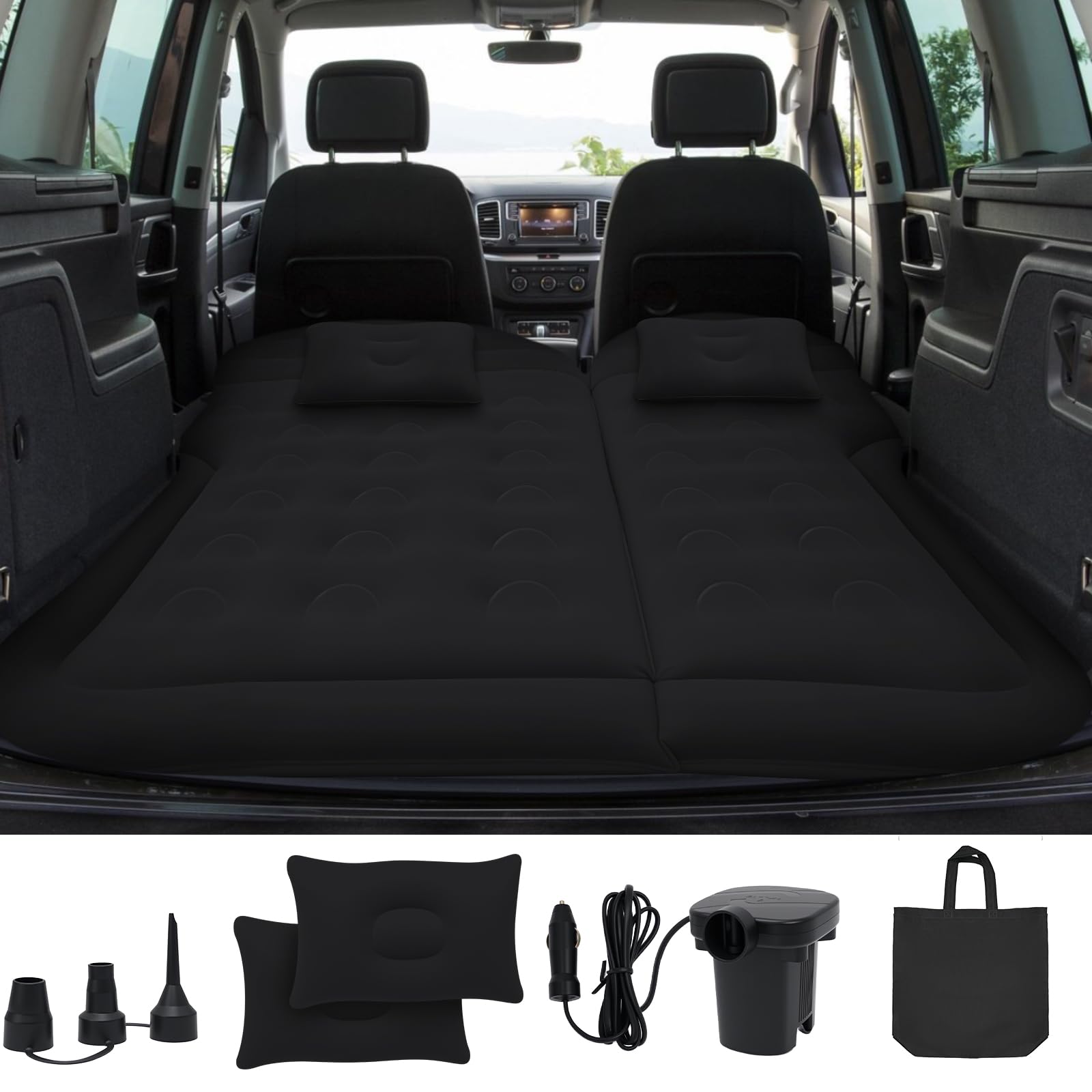 SUV Auto Matratze Luftmatratze, Aufblasbare Auto Luftmatratze für Kofferraum & Rückbank, Luftbett Auto Matratze mit Pumpe & 2 Kissen, Automatratze für Camping Reise Outdoor Komfort (Schwarz)