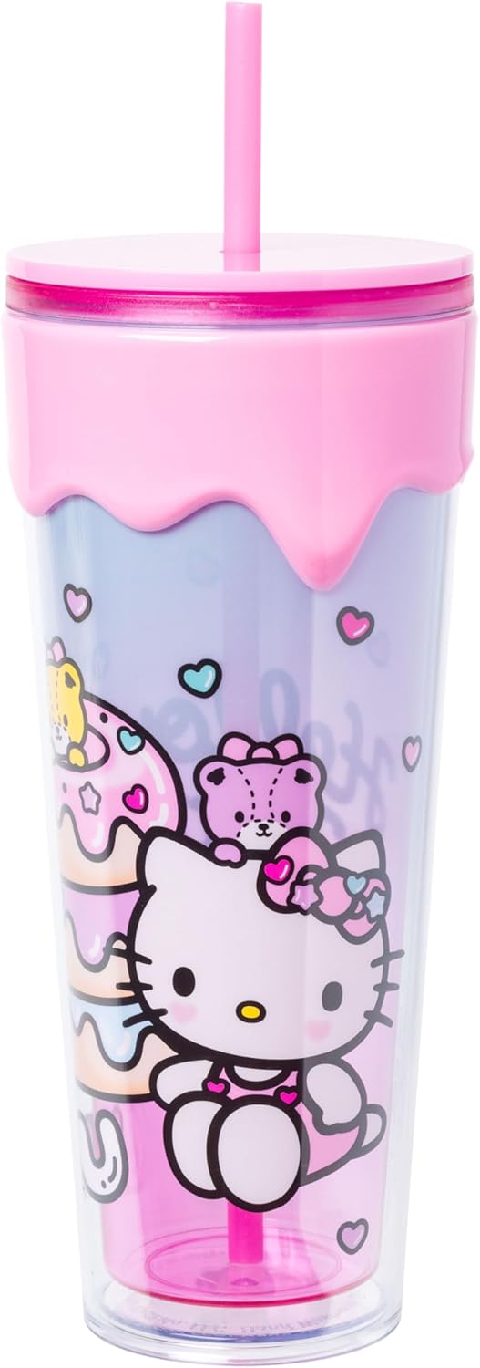 Silver Buffalo Sanrio Hello Kitty and Friends Plastic Drip Tumbler Featuring Hello Kitty, Tiny Blue, Tiny Pink, and Tiny Chum, 26 Ounces