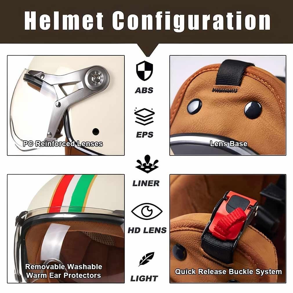 Casque Jet Moto 3/4 Ouvert Vintage Homologué ECE 22.06