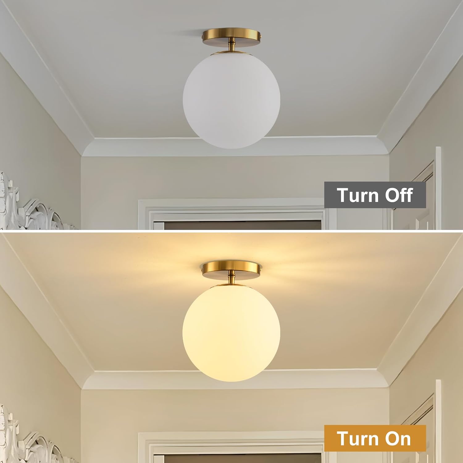 Semi Flush Mount Ceiling Light Fixture, 7.9in Globe Frosted Glass Ceiling Light, Smalll Brass Finish Hallway Lighting for Bedroom Bathroom Laundry Room Entryways, Gold & Milk 1 Pack