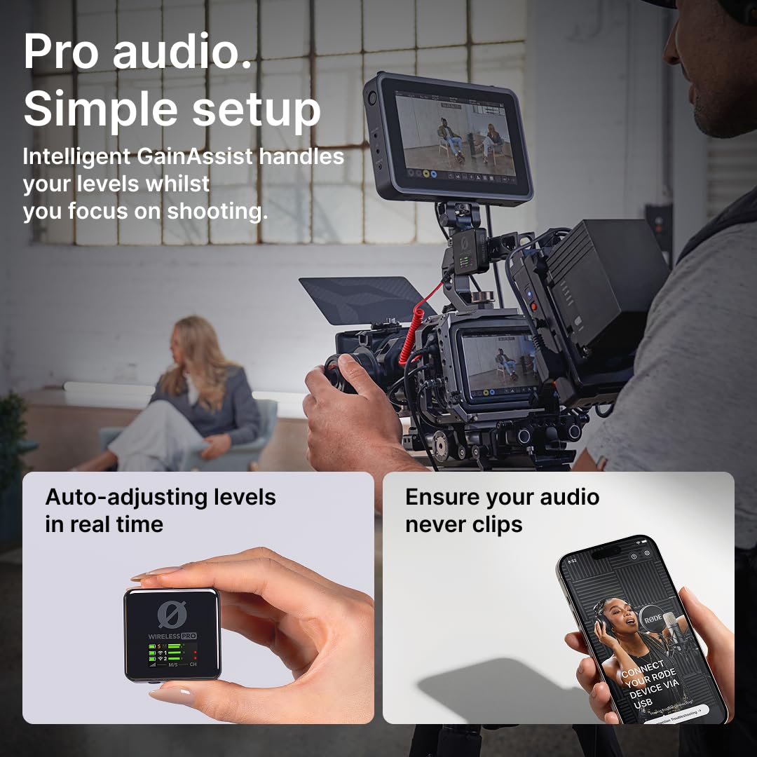 RØDE Wireless PRO, sistema microfonico wireless compatto con timecode, registrazione integrata a 32-bit float, 2 microfoni lavalier e custodia di ricarica smart per filmmaking e creazione di contenuti