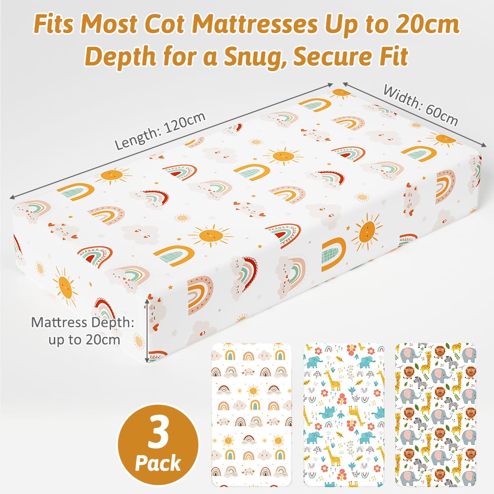 Aolso Lenzuola con Angoli per Passeggino Set, 3 PZ 120 * 60 cm, Lenzuola con Angoli Elasticizzate in Morbida e Setosa, Per Culla Co-sleeping, Lettino, Bimbo e Bimba - Arcobaleno