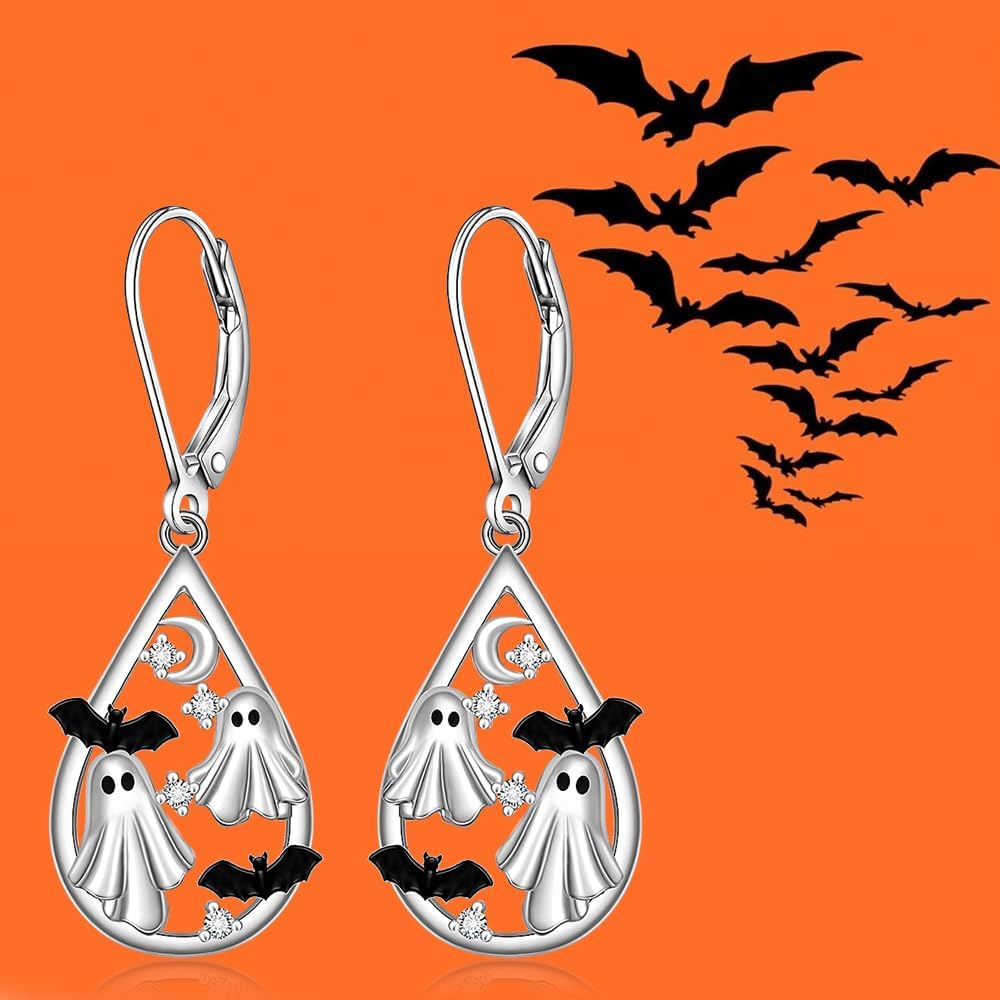 Halloween Earrings Bat Ghost Earrings for Women Sterling Silver Spooky Halloween Ghost Dangle Drop Bat Moon Earring Horror Holiday Jewelry Thanksgiving Gifts - Image 9