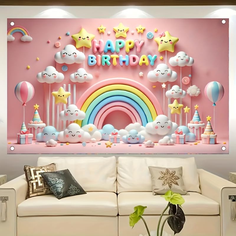 Image of BlissYard Rainbow Star Happy Birthday Banner 71x43 Inch