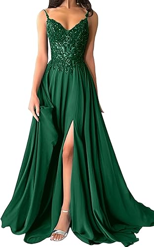 Lqdyrt Womens Sparkly Lace Appliques Chiffon Prom Dresses V-Neck Spaghetti Straps Formal Dress Long Ball Gowns with Slit