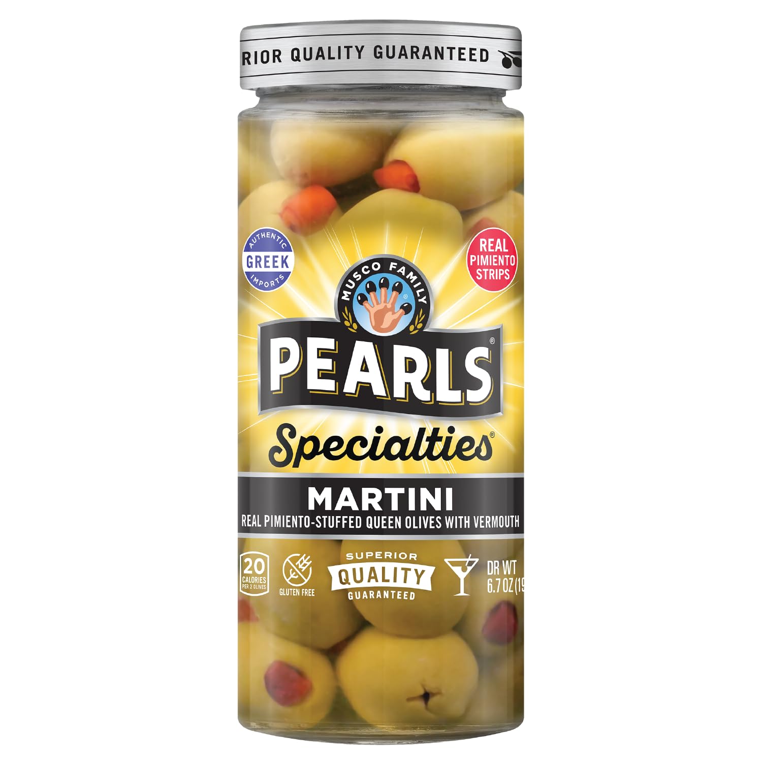 Pearls Specialties, Martini with Vermouth Pimiento Stuffed Queen Olives, Pack of 6, 6.7 oz Jars
