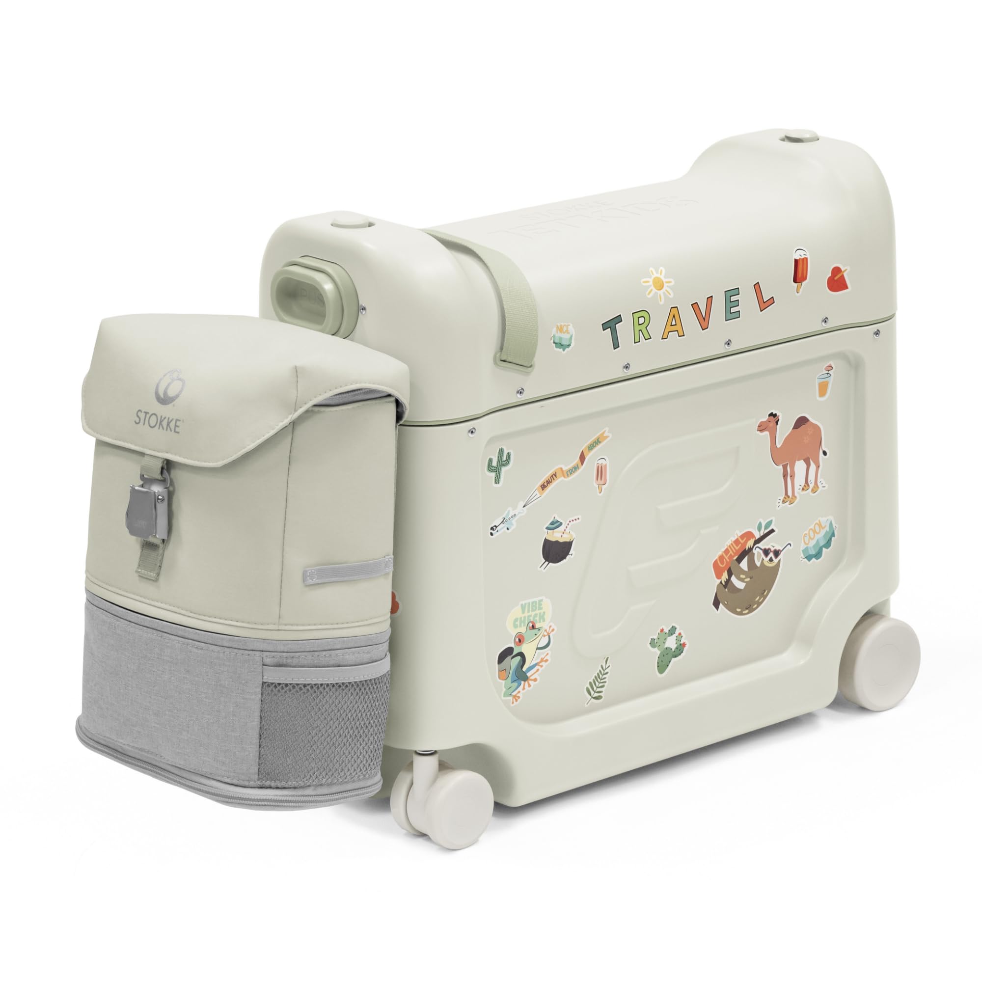 Stokke JetKids Travel Bundle, Sea Green - Enthält den BedBox Aufsitzkoffer & das Backpack - Ideal für Kinder von 2-7 Jahren (bis 35 kg)