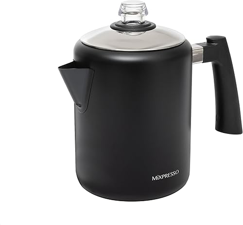Mixpresso Percolador de café de acero inoxidable negro, cafetera clásica de 37 onzas, ideal para olla de campamento, cafetera de 5 a 8 tazas, mango