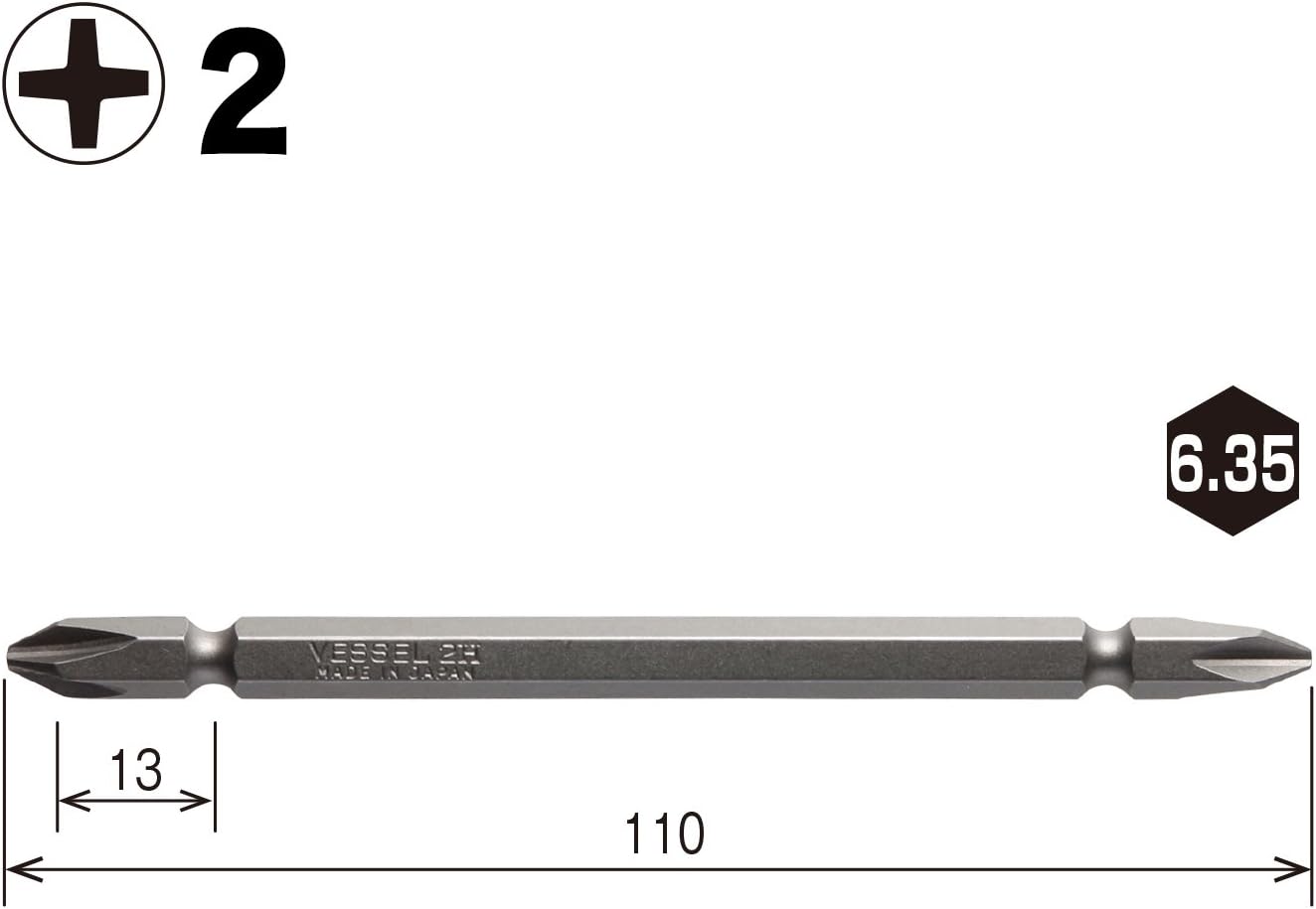 Vessel Double-ended Bit with Magnet for Air Electric Screwdriver +2 x 110 mm Set of 10 Hardness: H (High Hardness) M-A14 ZP