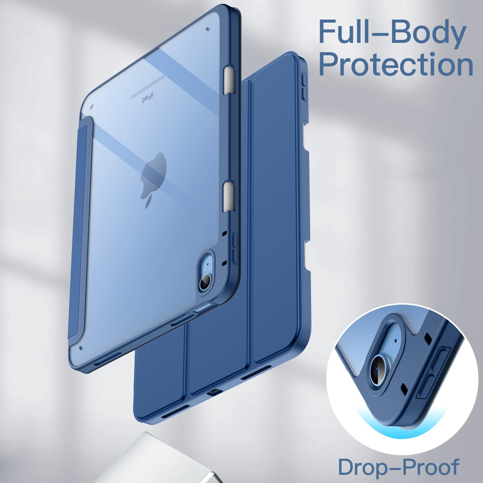 JETech Custodia per iPad 10 (10,9 Pollici, Modello 2022, 10ª Generazione) con Portapenne, Posteriore Chiaro Trasparente Supporto Sottile per Tablet Cover Antiurto (Navy)