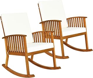 Tangkula 2 PCS Outdoor Acacia Wood Rocking Chair, Wooden Rocker w/Detachable Washable Cushions, Rocker for Porch Garden Patio Balcony Pool Indoor (2, Teak)