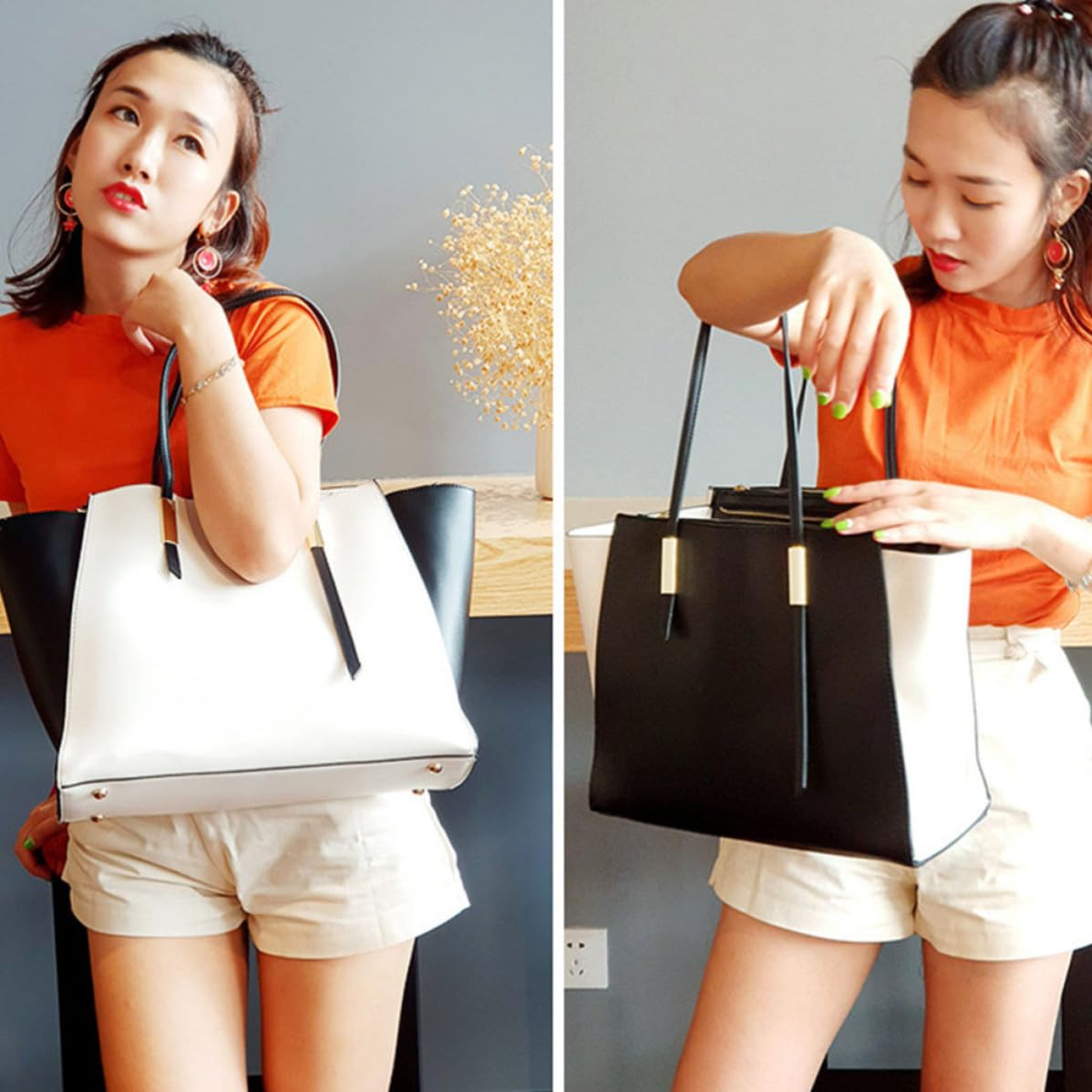 4 Pezzi Set Borsa Donna in Pu Nero Elegante Capiente per Viaggio