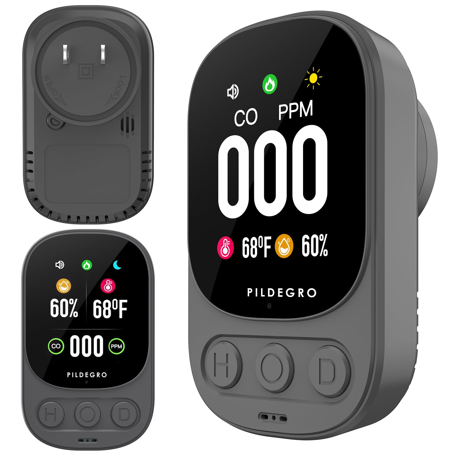 Photo 1 of **UNTESTED**
Pildegro 3-in-1 Carbon Monoxide Detector Plug in, Professional 2.1" LED Plug-and-Play Real-Time CO Monitor with Temp & RH, Premium Portable Travel CO Alarm with 85dB Loud Alarm (Grey/Timeless)