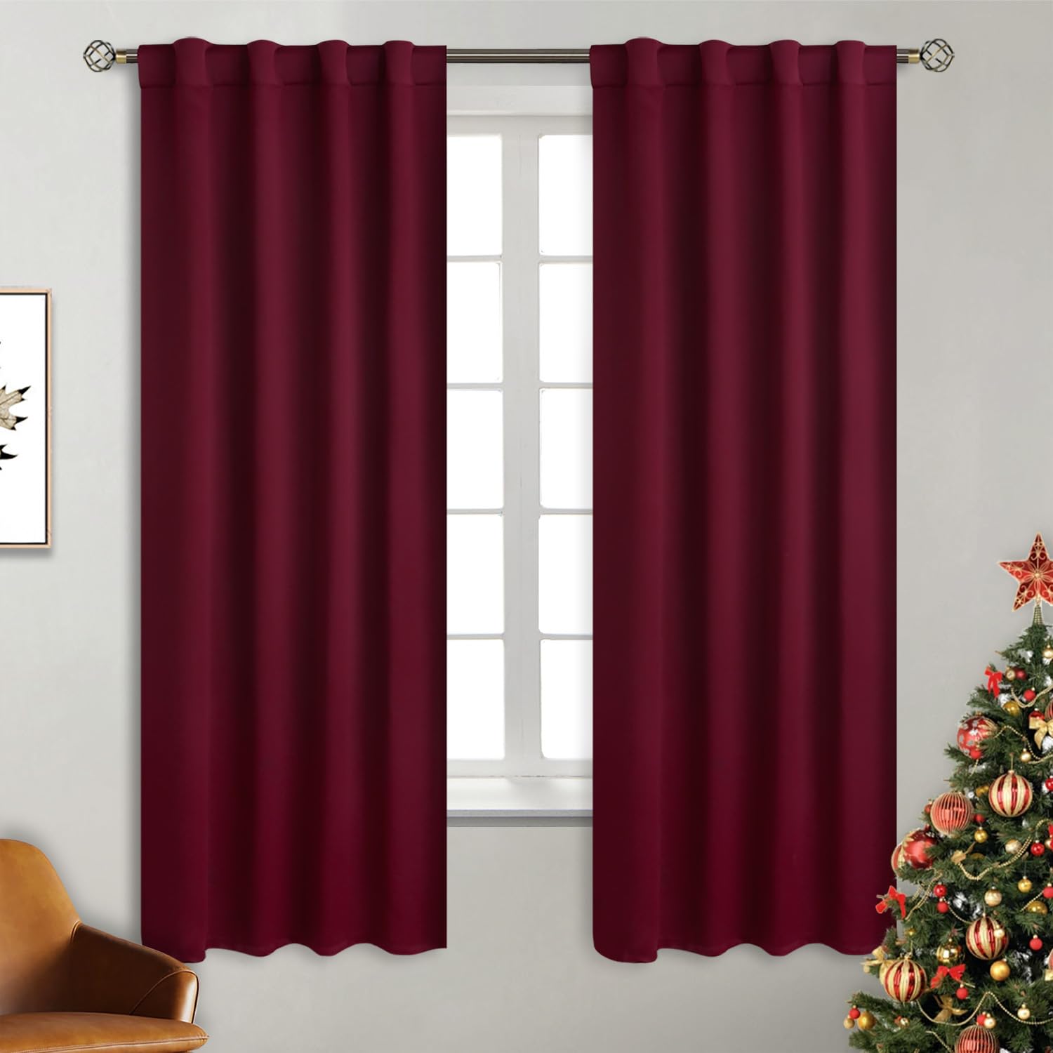 Photo 1 of BGment Christmas Burgundy Red Curtains 63 inch Length for Bedroom - Rod Pocket and Back Tab Blackout Curtains Thermal Insulated Room Darkening Curtains for Living Room, 2 Window Panels (38 x 63 Inch)