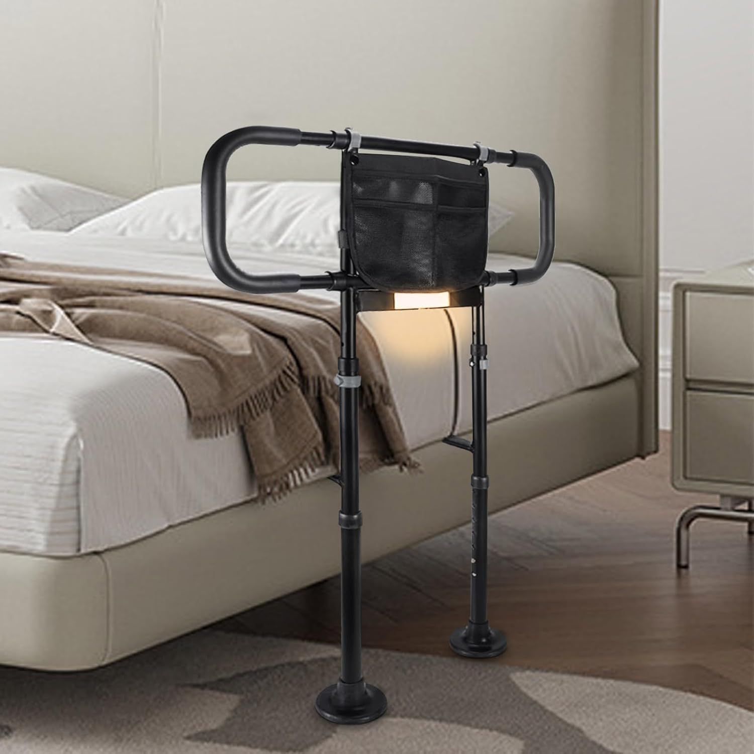 Sponda Letto Anziani Anticaduta Ausili per Alzarsi Dal Letto Regolabile in Altezza con Luce a Sensore, Supporto per Alzarsi, Sbarra di Sicurezza, Portata Fino a 180KG