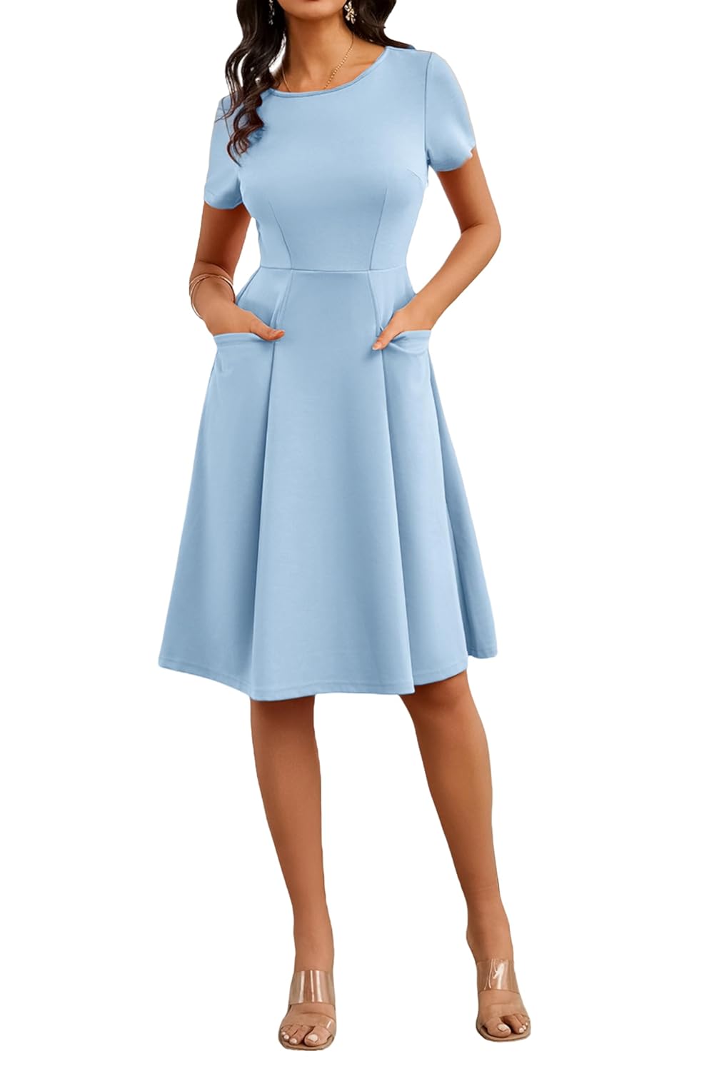 Womens Summer Dresses Casual Crewneck Church Cocktail Midi Dresses with Pockets