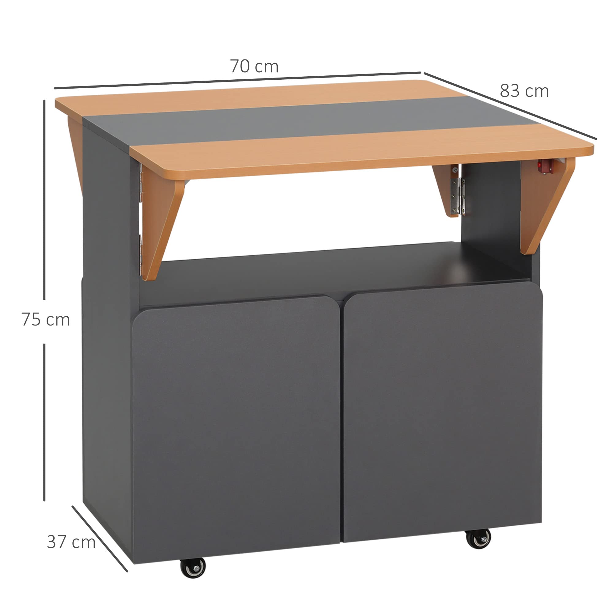 HOMCOM Tavolo Pieghevole Salvaspazio 4 Ruote 70x83x75 cm Giallo e Grigio | Per 4 Persone Max, Ripiano Nascosto, Armadietto con Ante