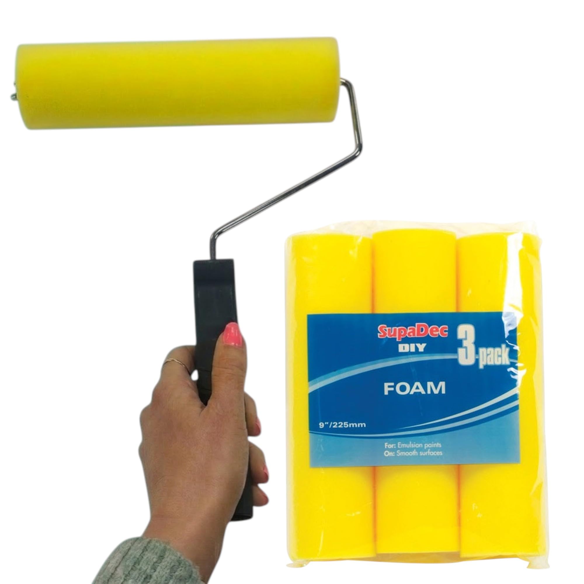 9 Inch Foam Paint Roller with Frame - Plus 3 Foam Refills - Paint Foller for Interior Paint Emulsion - Smooth Surface Roller & Refills - Standard 9 Inch 225mm.