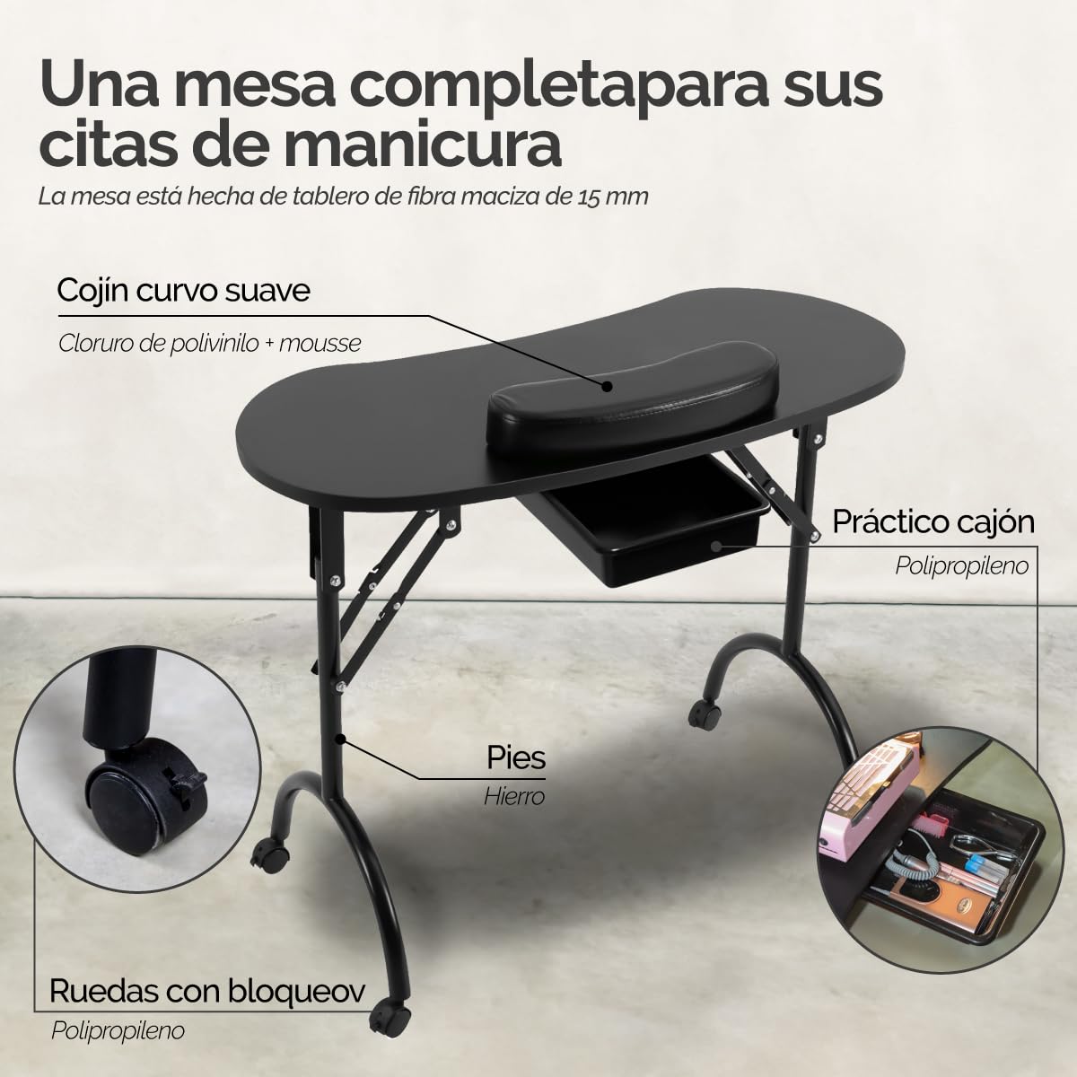 Vivezen - Mesa de manicura Profesional Plegable con cajón, Ruedas y maletín de Transporte - Negro
