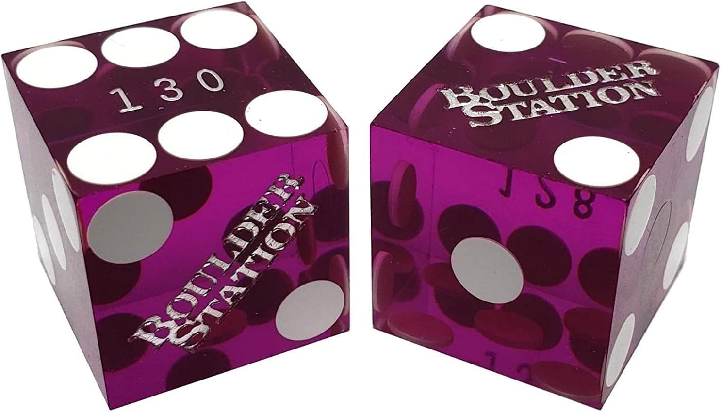 Authentic Casino Dice w/Pouch + Genuine Leather Cup Wide Opening (Red Felt Lining, Las Vegas Boulder Station Purple Polished)