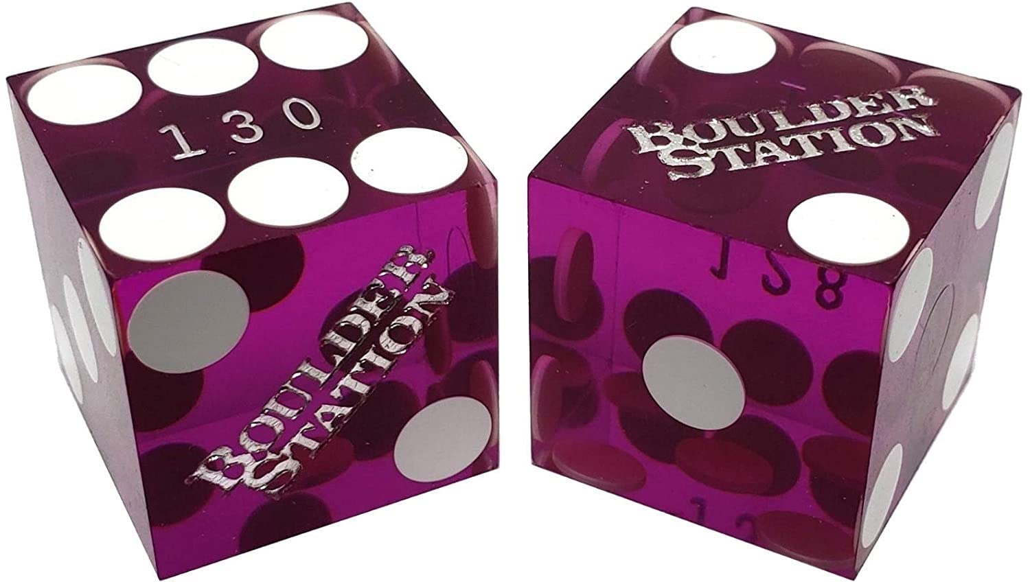 Genuine Boulder Station Las Vegas Casino Craps Dice Pair Purple Polished Matching Serial Numbers ... Plus Storage Pouch