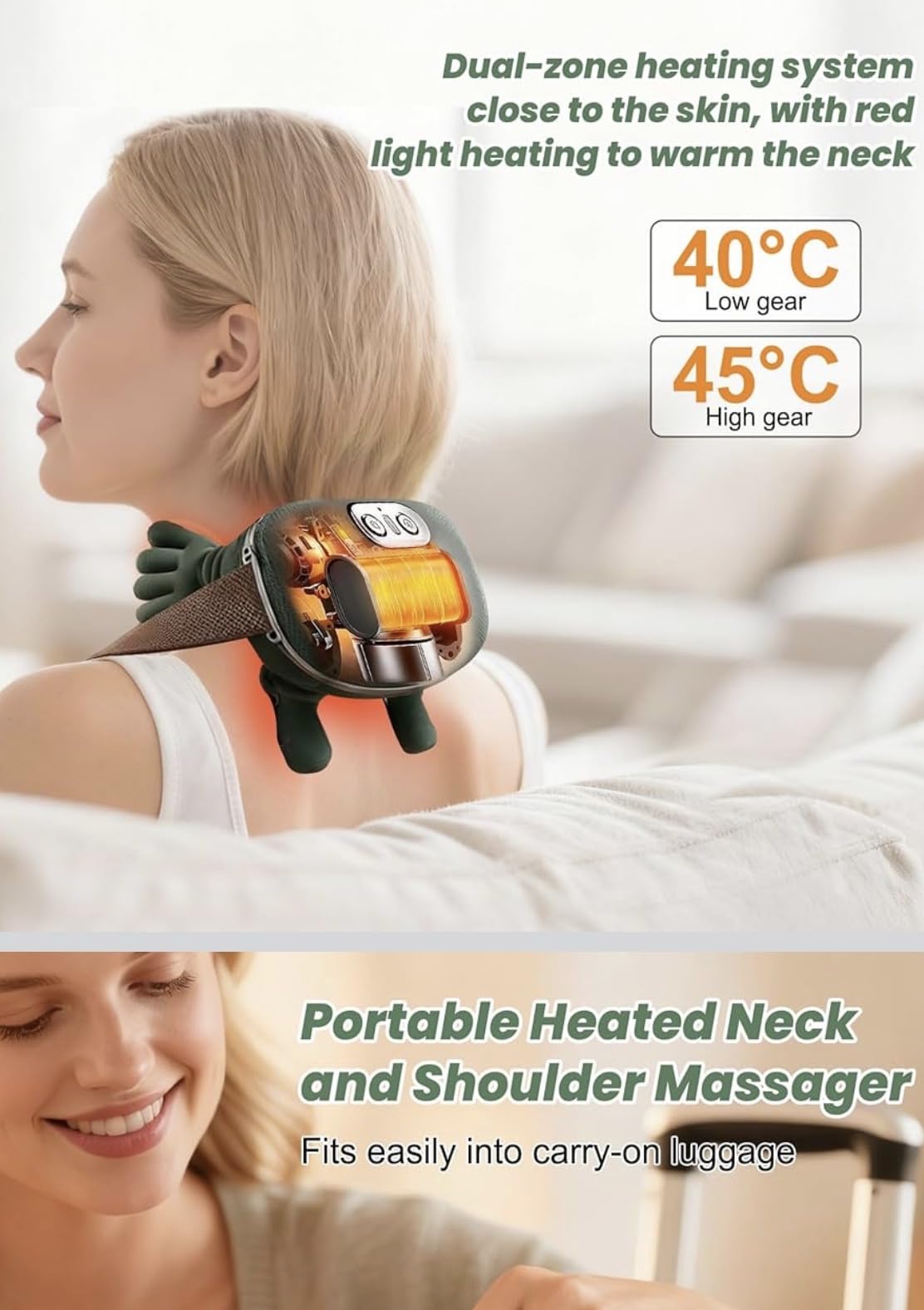 Massaggiatore riscaldante bionico, collo riscaldante, massaggio Shiatsu 4D a 3 velocità, 2 livelli di calore (40°C/45°C), portatile e ricaricabile USB, per casa, ufficio, viaggi, rilassa i muscoli