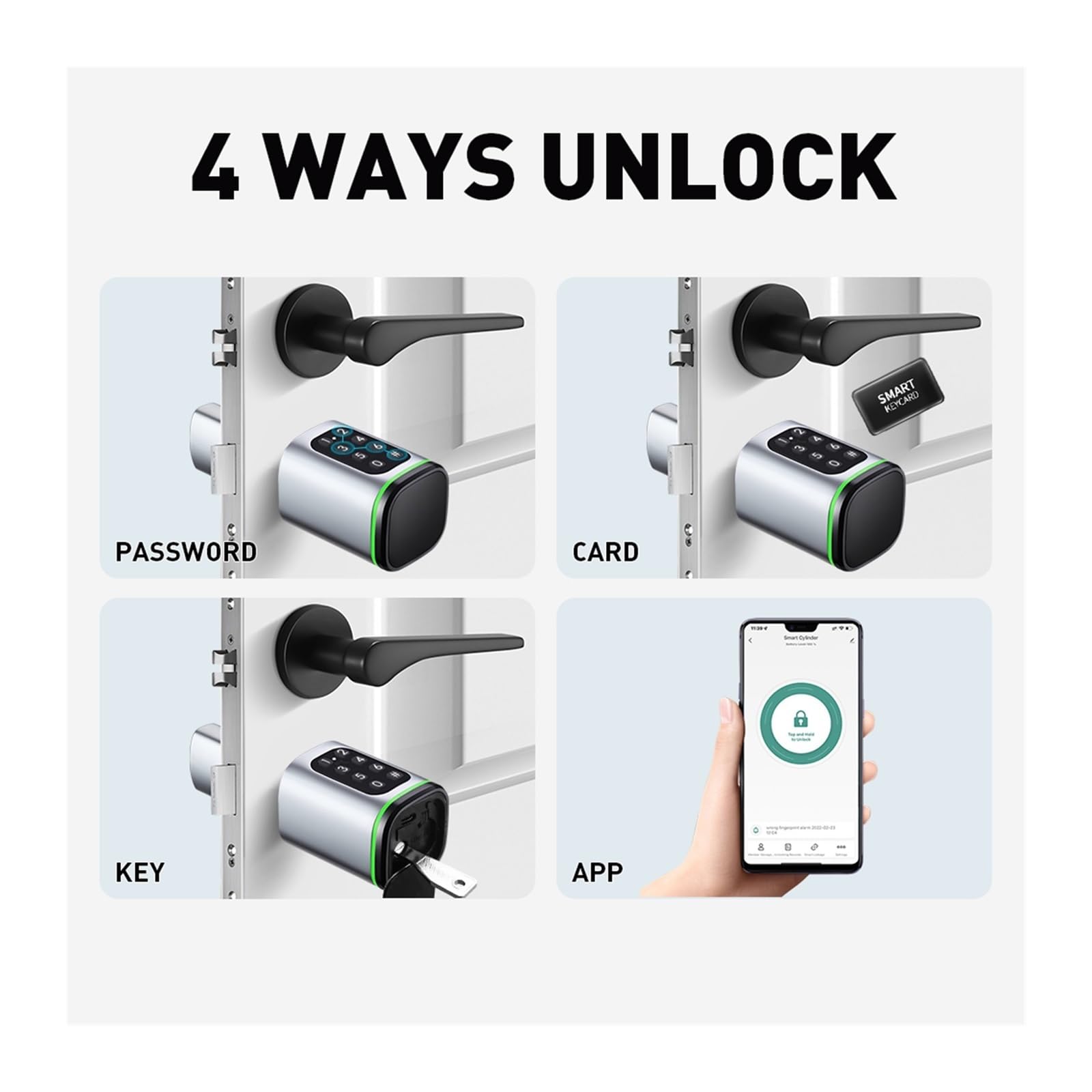 Cilindro di serratura elettronica intelligente for porte con impronta digitale, chiavi, codice PIN, sblocco tramite scheda, supporto for hotel(Silver)