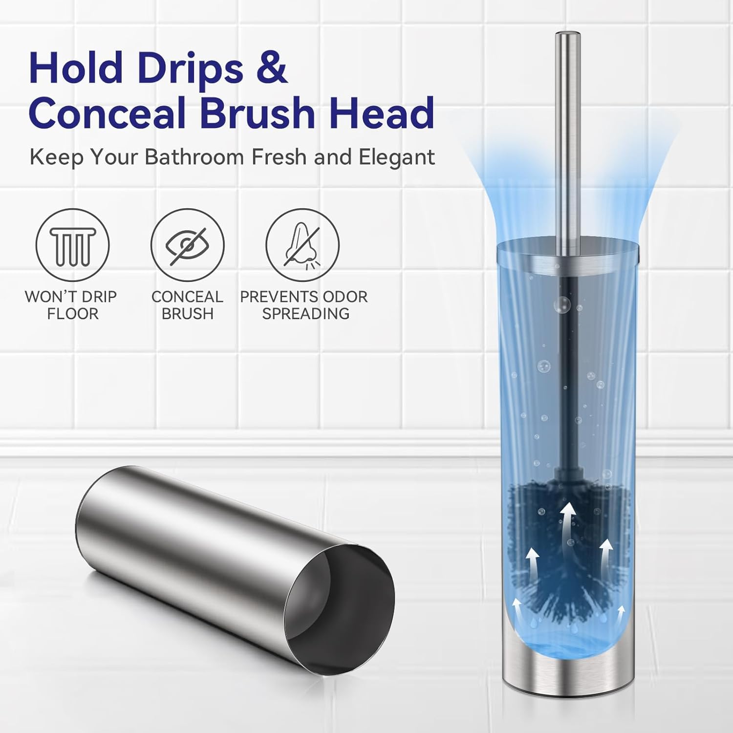 DOWRY Lot de 2 brosses de cuvette de toilette en acier inoxydable et support pour salle de bain, nettoyage en profondeur avec long manche, brosse de cuvette de toilette cachée avec 2 têtes, décoration