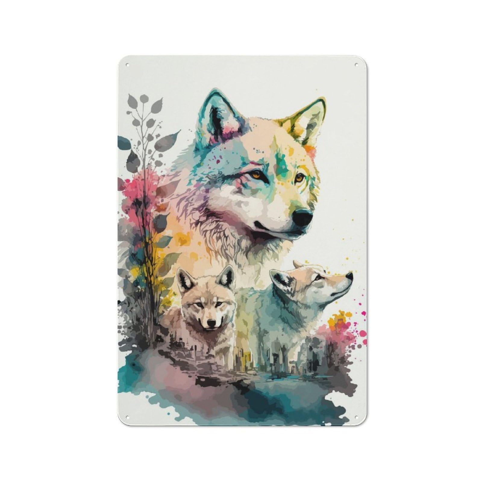 Junmoney Wolf Watercolor Painting Tin Wall Sign 30X20cm, Country Style Bistro Wall Plaque For Coffee Bar, Kitchen, Bistro Or Tea Corner