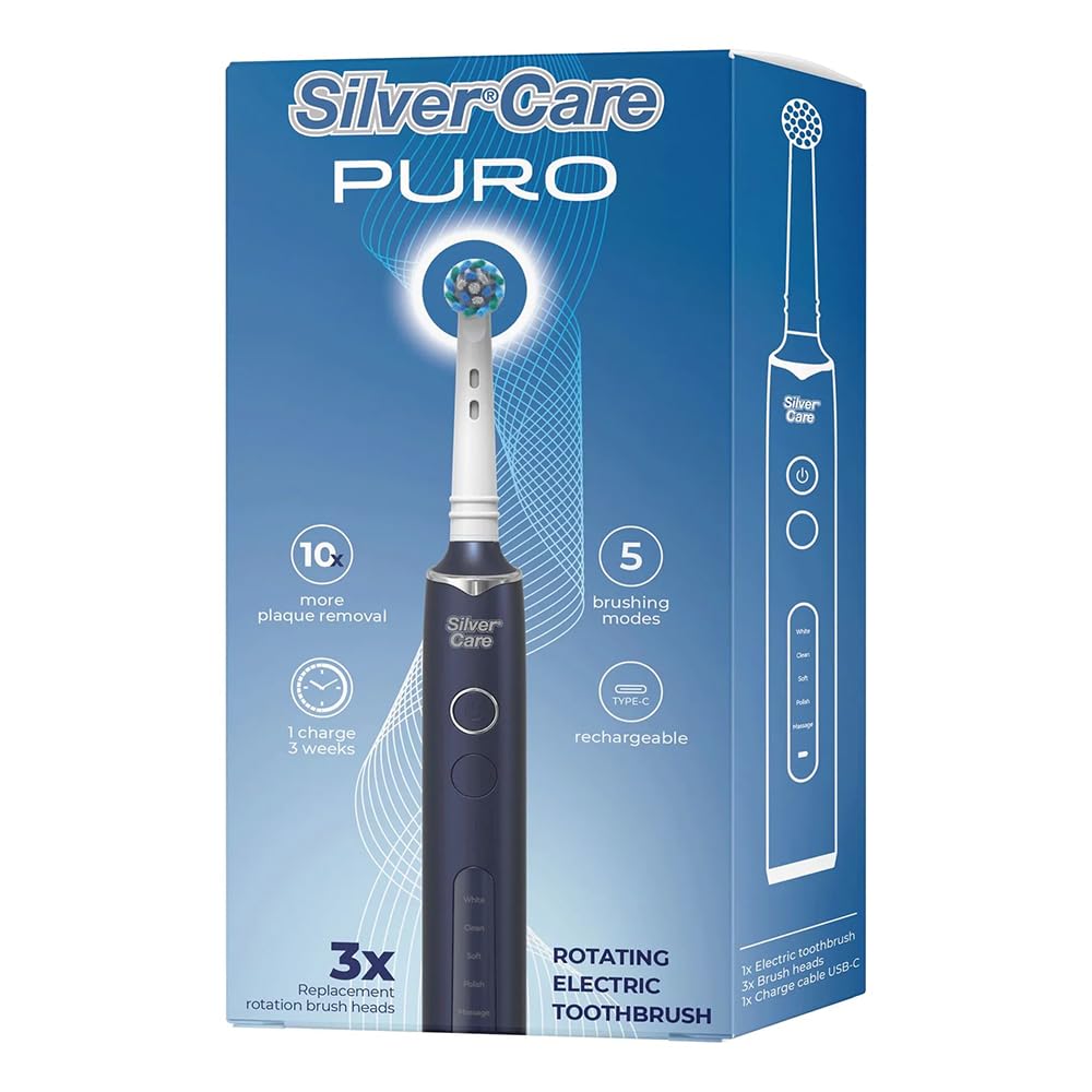 SilverCare Puro Spazzolino Elettrico Rotante, 5 Modalità di Spazzolamento, 3 Testine di Ricambio, Ricaricabile USB-C