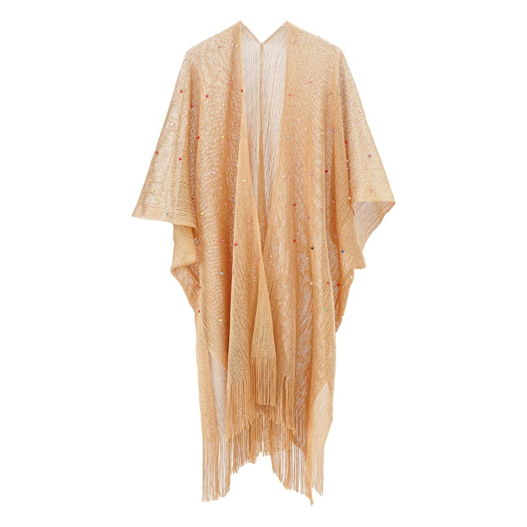 Generic Kimono para mujer, diseño de perlas, para verano, playa, casual, holgado, para traje de baño con borlas