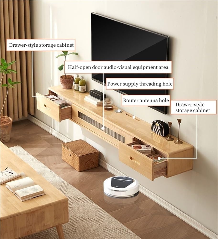 Nowoczesna pływająca podstawka pod telewizor montowana na ścianie konsola multimedialna z drzwiami pod klapą stylowy biały design oszczędność miejsca centrum rozrywki do salonu naturalne wykończenie.