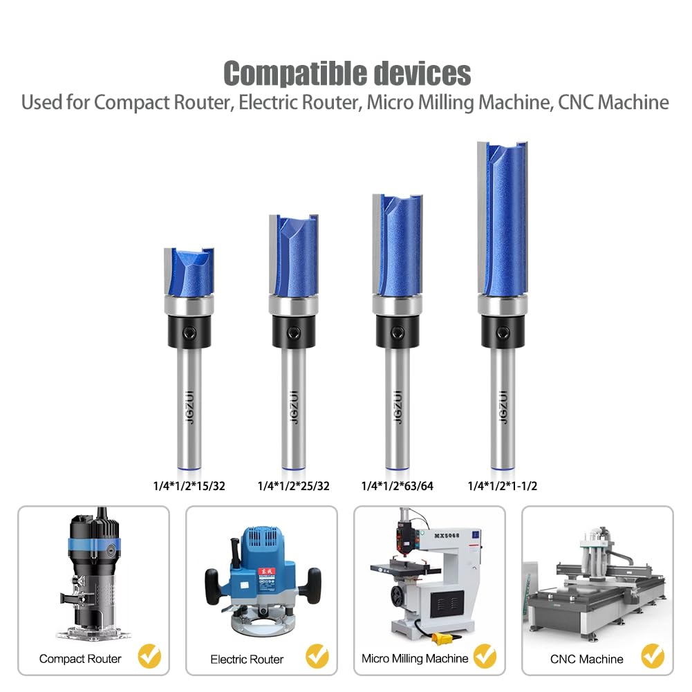 Professional Pattern Flush Trim Router Bits 1/4 Inch Shank, Bottom Bearing Flush Trim Router bit Set, Template Guide Woodworking Milling Cutter Tool (1/4inch Shank, 4 Bit Set)