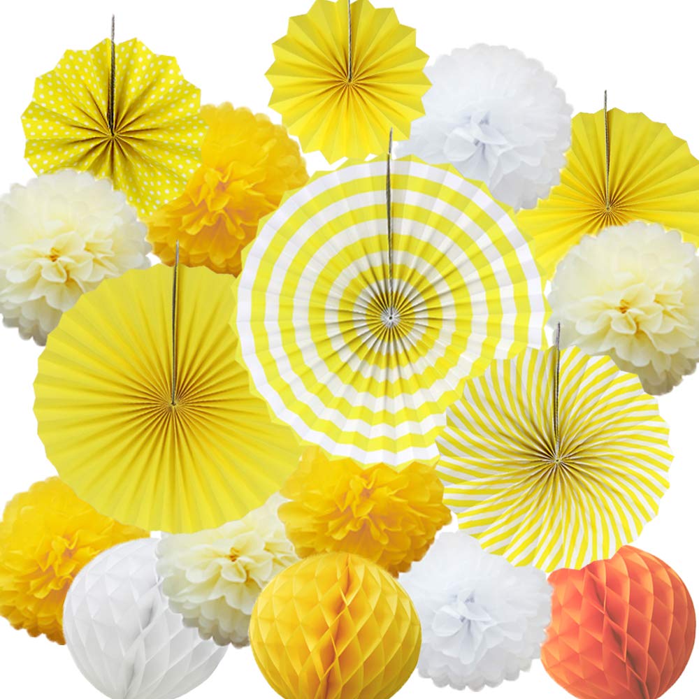Time to Sparkle 18 Pack Hanging Paper Fan Set, Tissue Paper Pom Poms Flower Fan + Honeycomb Balls Birthday Baby Shower Wedding Decorations, Set-Yellow Shade — image 1