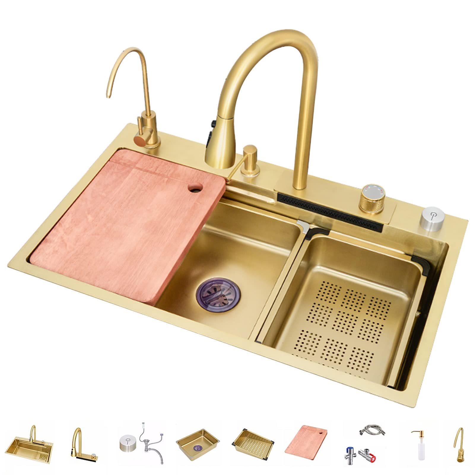 ZQFHSX 304 Stainless Steel Kitchen Sink Multi-Purpose Waterfall Bar Single Bowl Nano Rv With Pull-Out Faucet Top Mount Or Undermount (Color : Gold-a, Size 68x45x22cm)