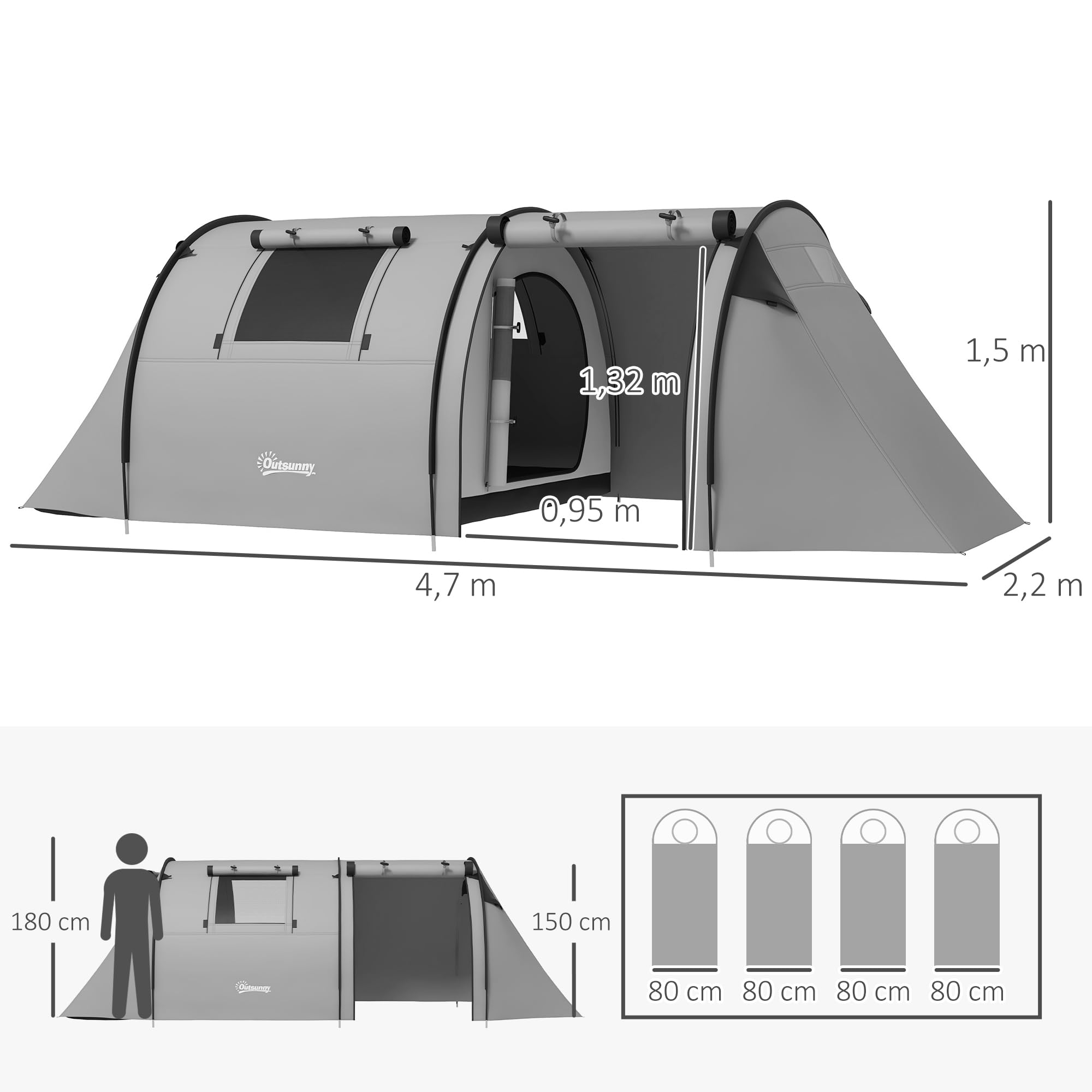 Outsunny Tente de Camping pour 3-4 Personnes, Tente familiale avec 1 Salon et 1 Chambre, imperméable, Facile à Transporter avec Sac, 470 x 220 x 150 cm, Gris