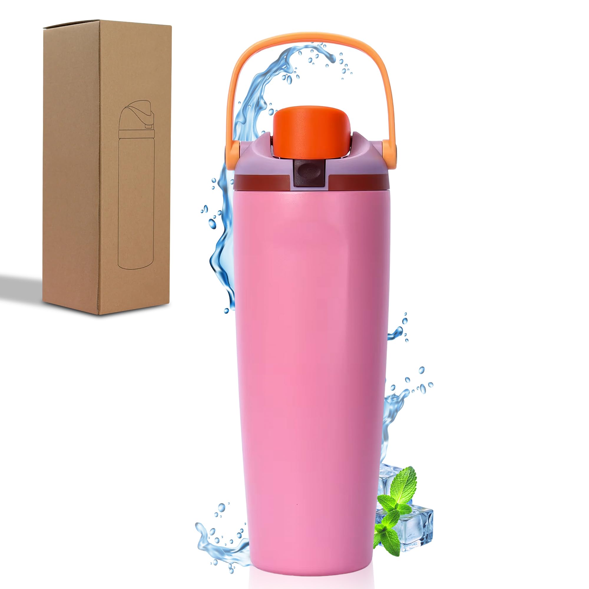BUYHAZ 32oz Insulated Water Bottle, Stainless Steel Water Bottle with Straw Lid and Carry Handle, Leakproof BPA-Free Sports Bottle for Gym, Travel and Office