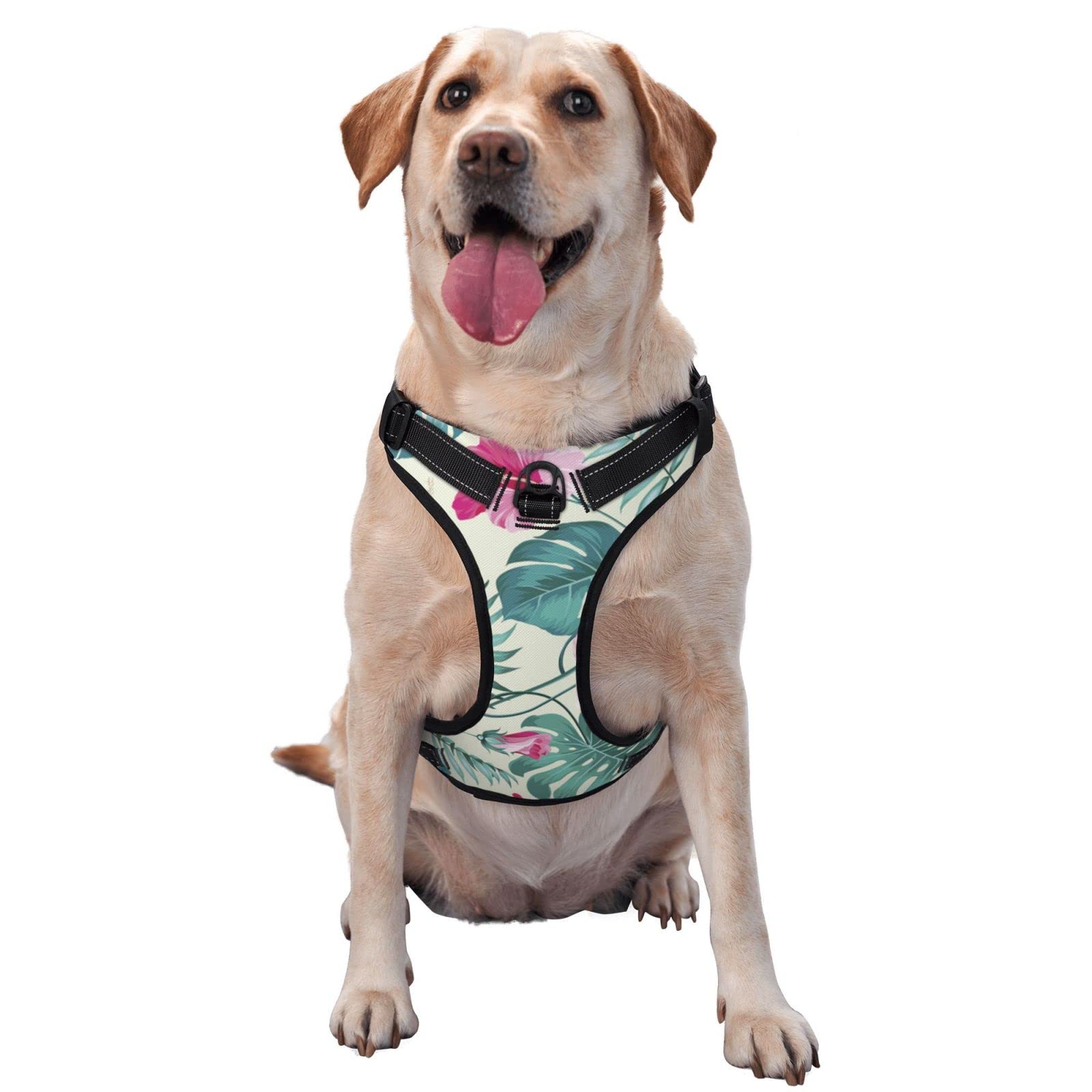 Harnais anti-traction pour chien en tissu Oxford réglable avec imprimé feuille de palmier