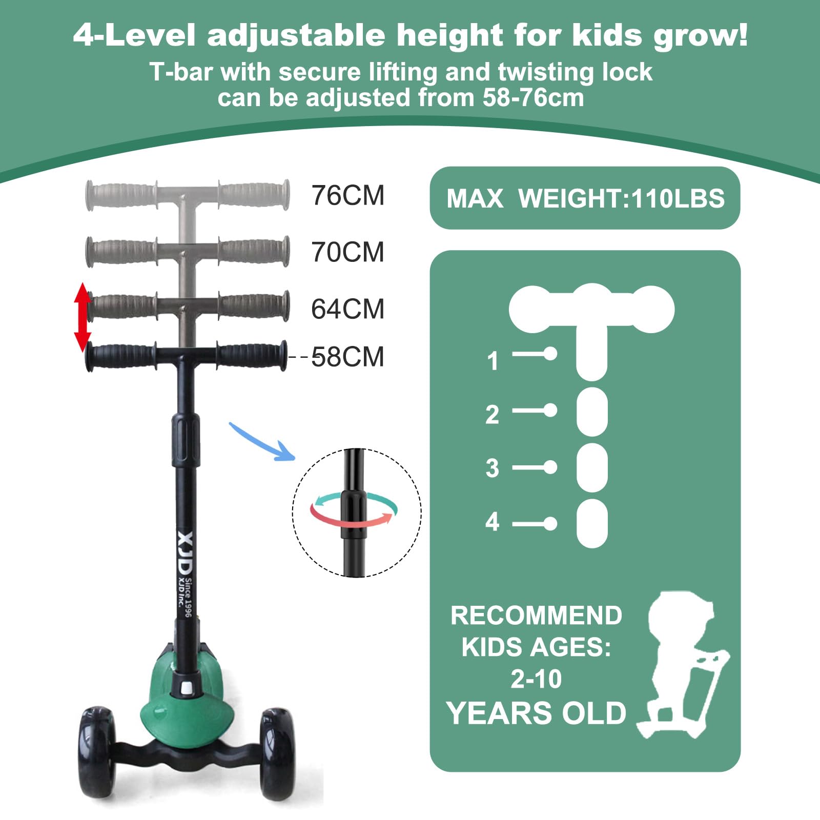 XJD Children's Scooter, Children's Scooter for 2-8 Years, 3 LED Wheels, Kickboard, Lockable Direction, Children's Scooters, Adjustable Handlebar Height, Lightweight, Load Capacity up to 50 kg (Blue