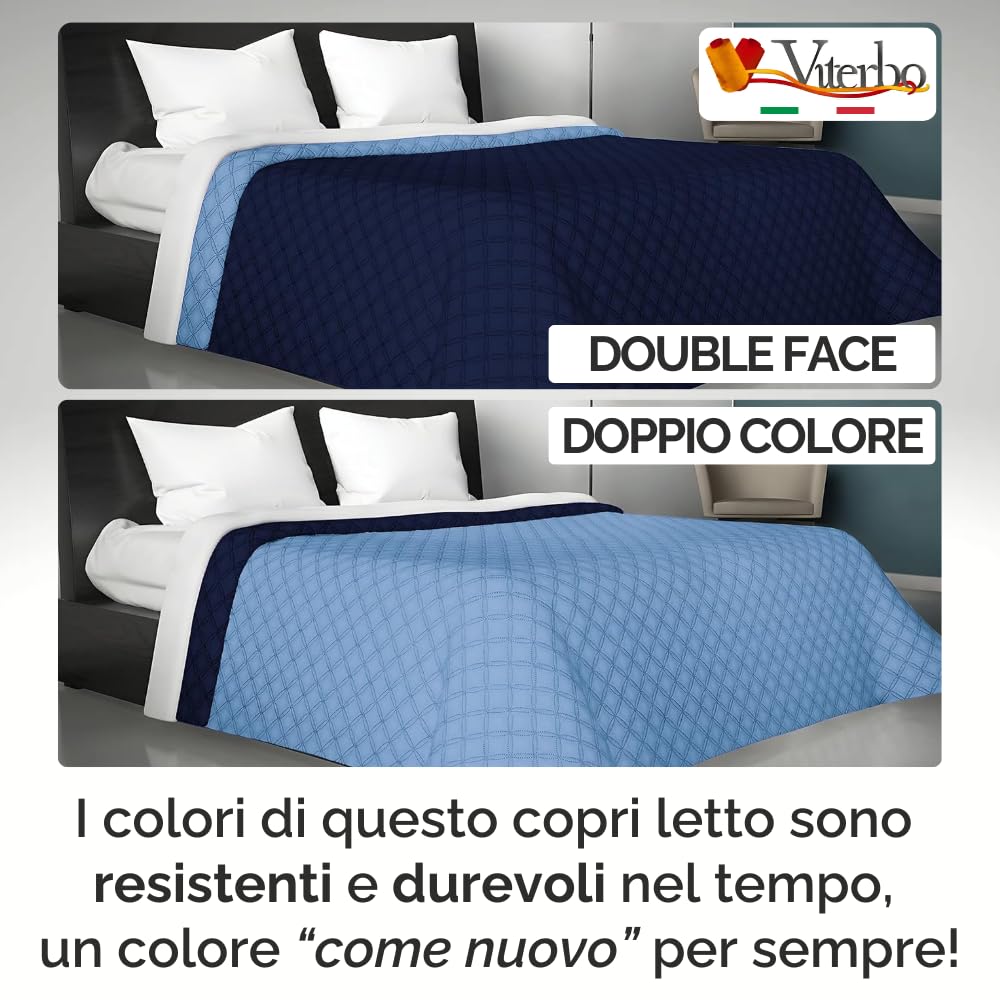 Viterbo Biancheria - Copriletto Matrimoniale Estivo e Primaverile Leggero, Trapunta Estiva Matrimoniale Double Face, Trapuntino 250x250cm Made in Italy (Matrimoniale (881), Blu/Celeste)