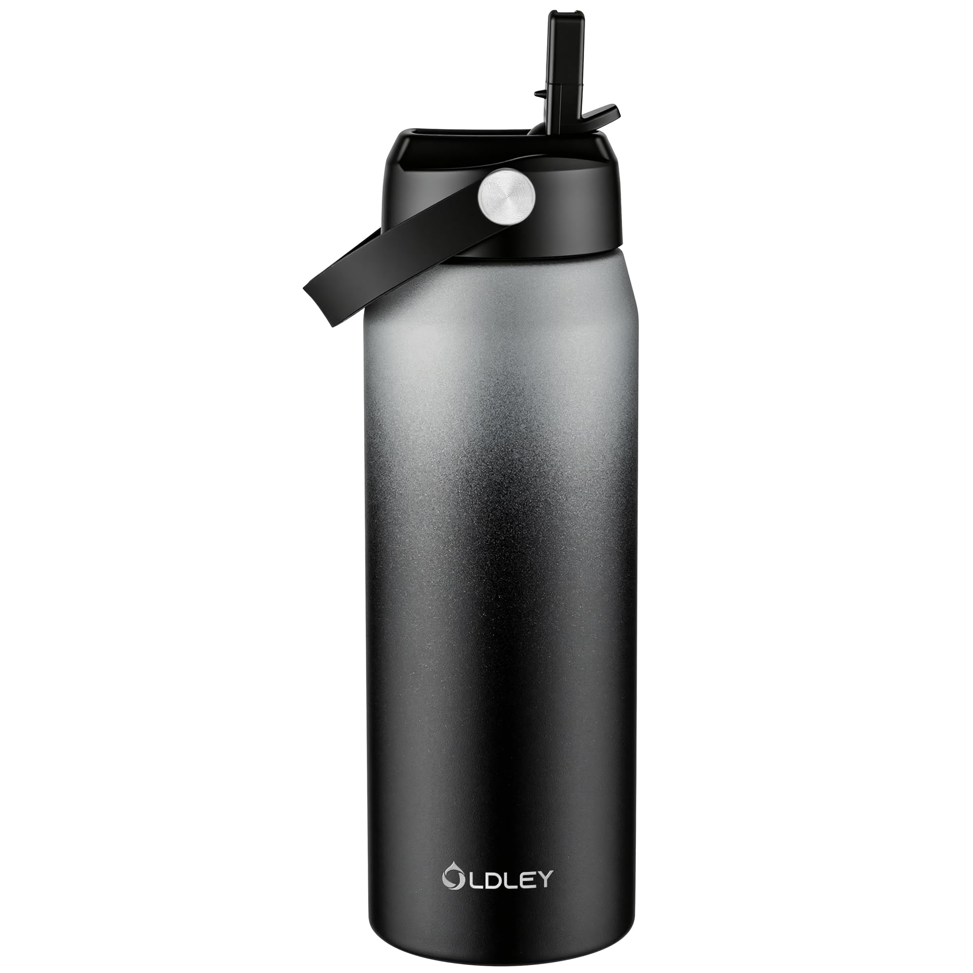 OLDLEY 750ml Insulated Water Bottle with Straw, Stainless Steel Water Bottles with Handle, Leakproof BPA Free Vacuum Metal Flask Keep Hot and Cold for Sports, Travel, Hiking (Grey-Black)