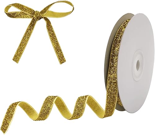 Cinta de terciopelo dorado con purpurina de 0.4 pulgadas x 30 pies, cinta con alambre de terciopelo dorado con purpurina para envolver regalos,