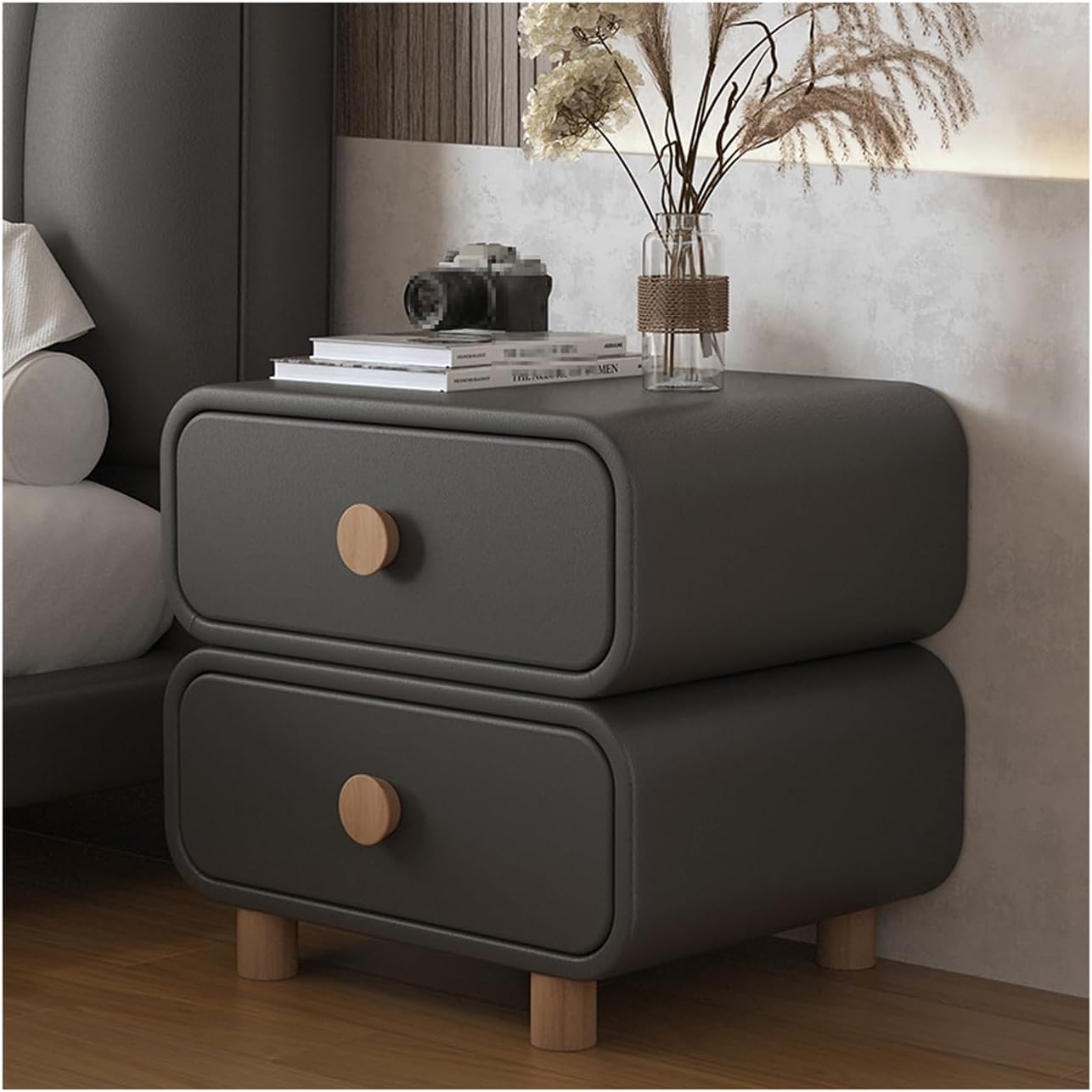 Bedside Table NightstandMinimalist Cream Microfiber Leather Solid Wood Legs 2 Drawer End Table Chest for Bedroom Décor and Storage Solutions